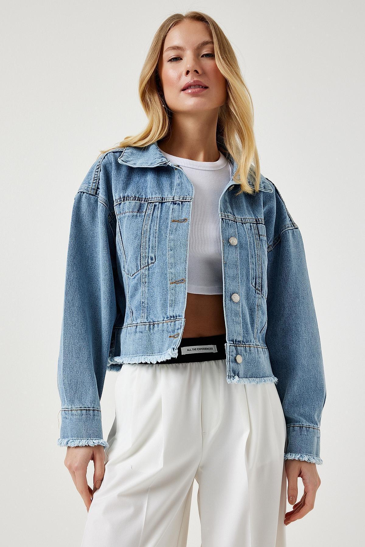 Blue Tassel Detailed Short Denim Jacket, LIGHT BLUE, large image number 0