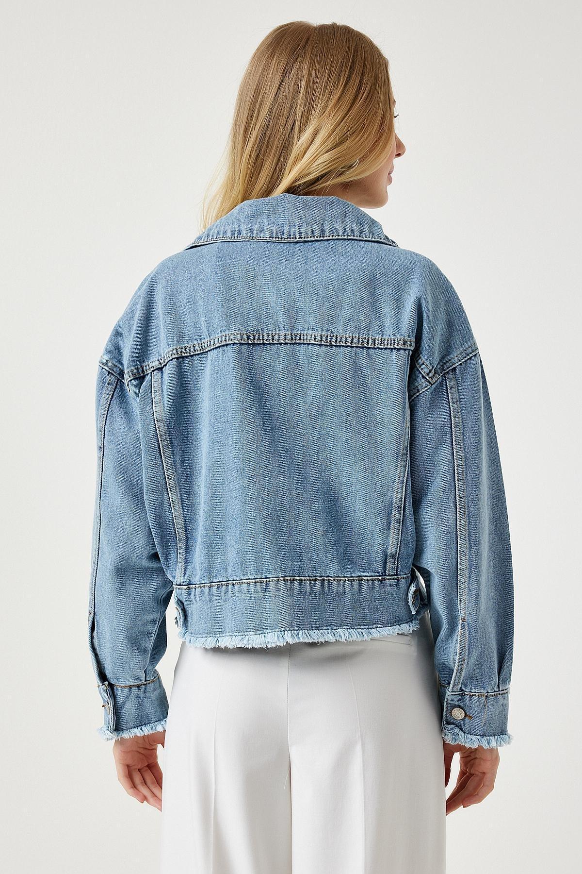 Blue Tassel Detailed Short Denim Jacket, LIGHT BLUE, large image number 3