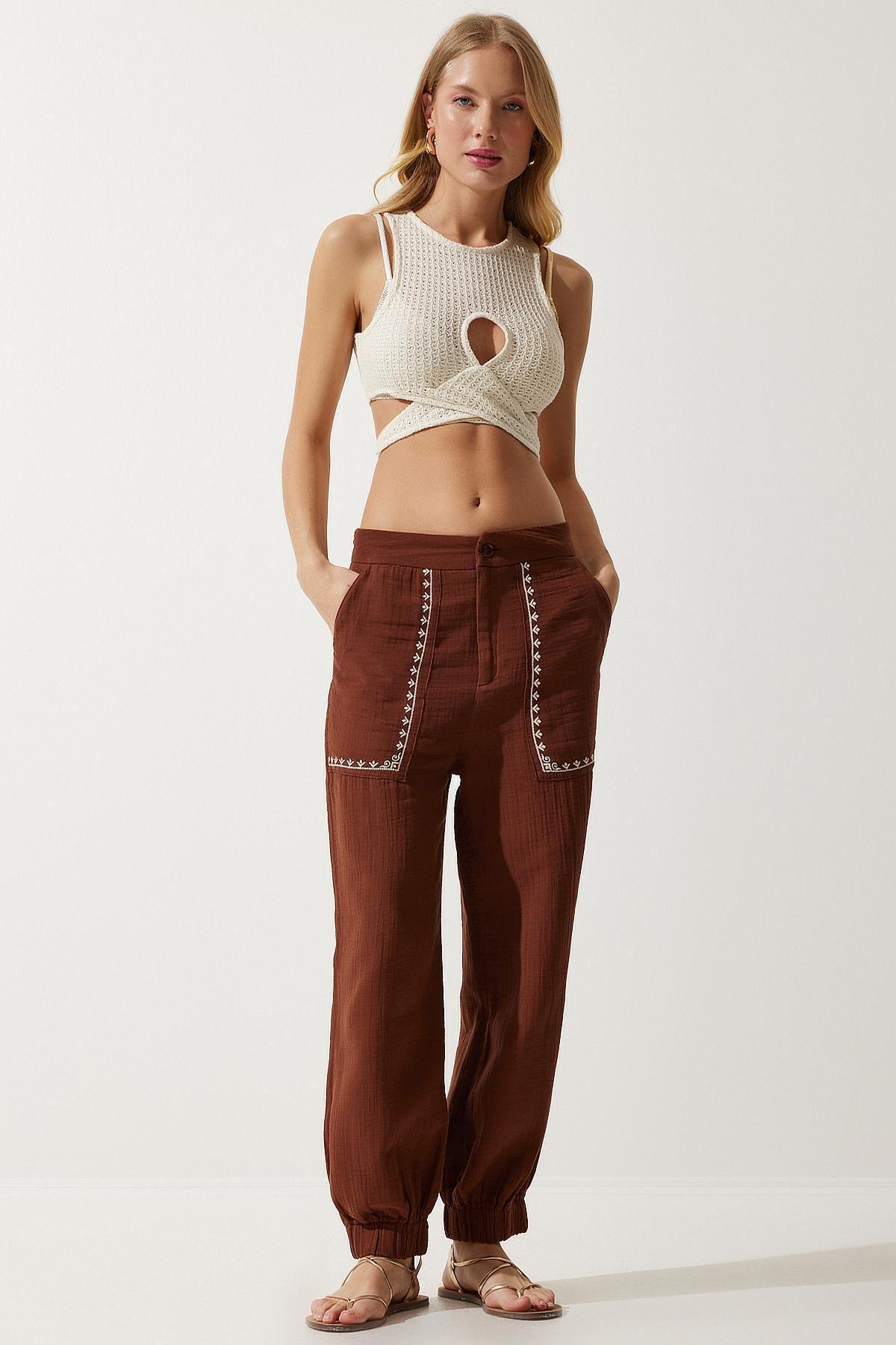 Brown Detailed Muslin Trousers, , large image number 0