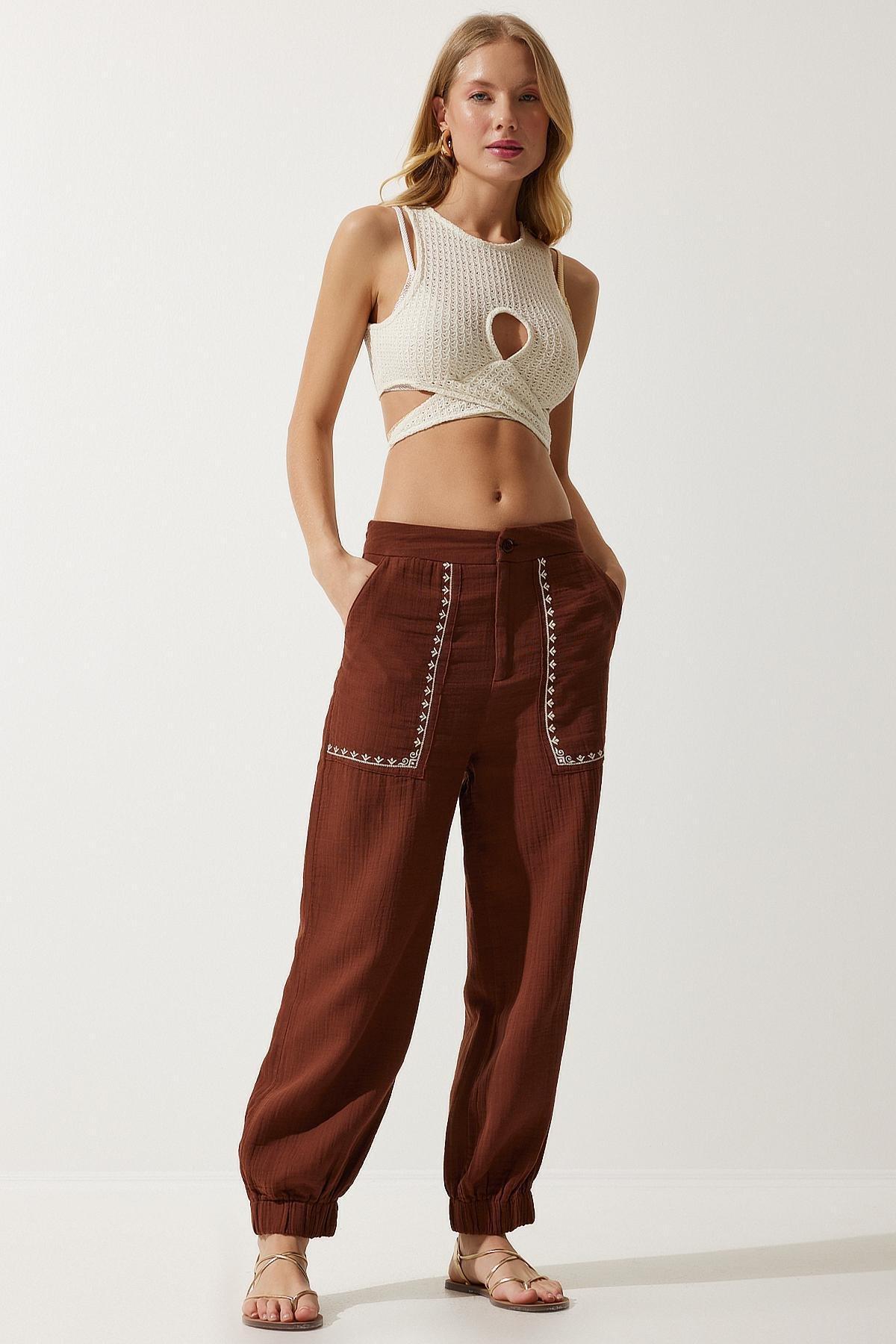 Brown Detailed Muslin Trousers, , large image number 1