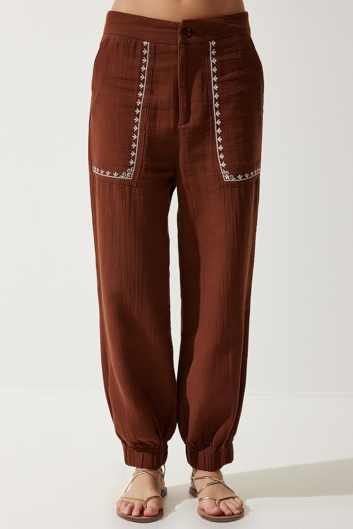 Brown Detailed Muslin Trousers, , large image number 3