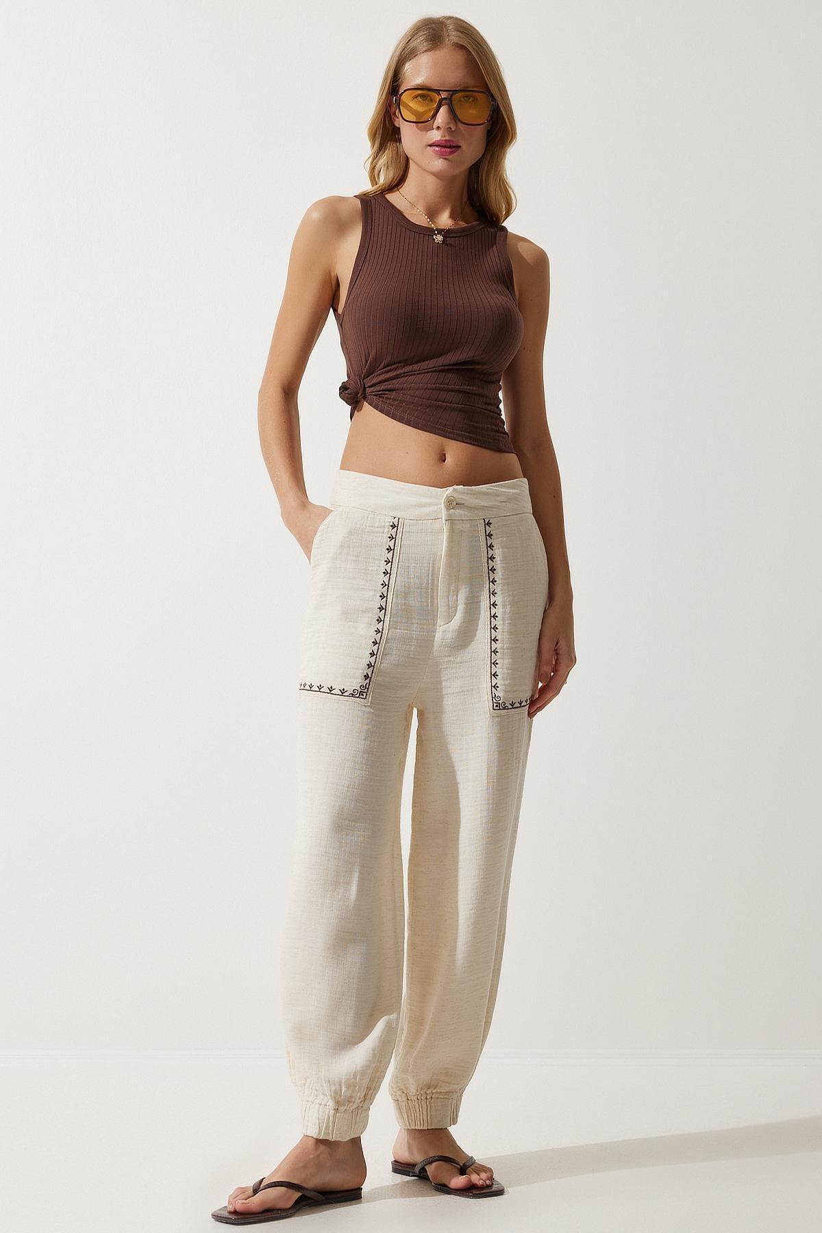 Cream Embroidery Detail Muslin Trousers, , large image number 1