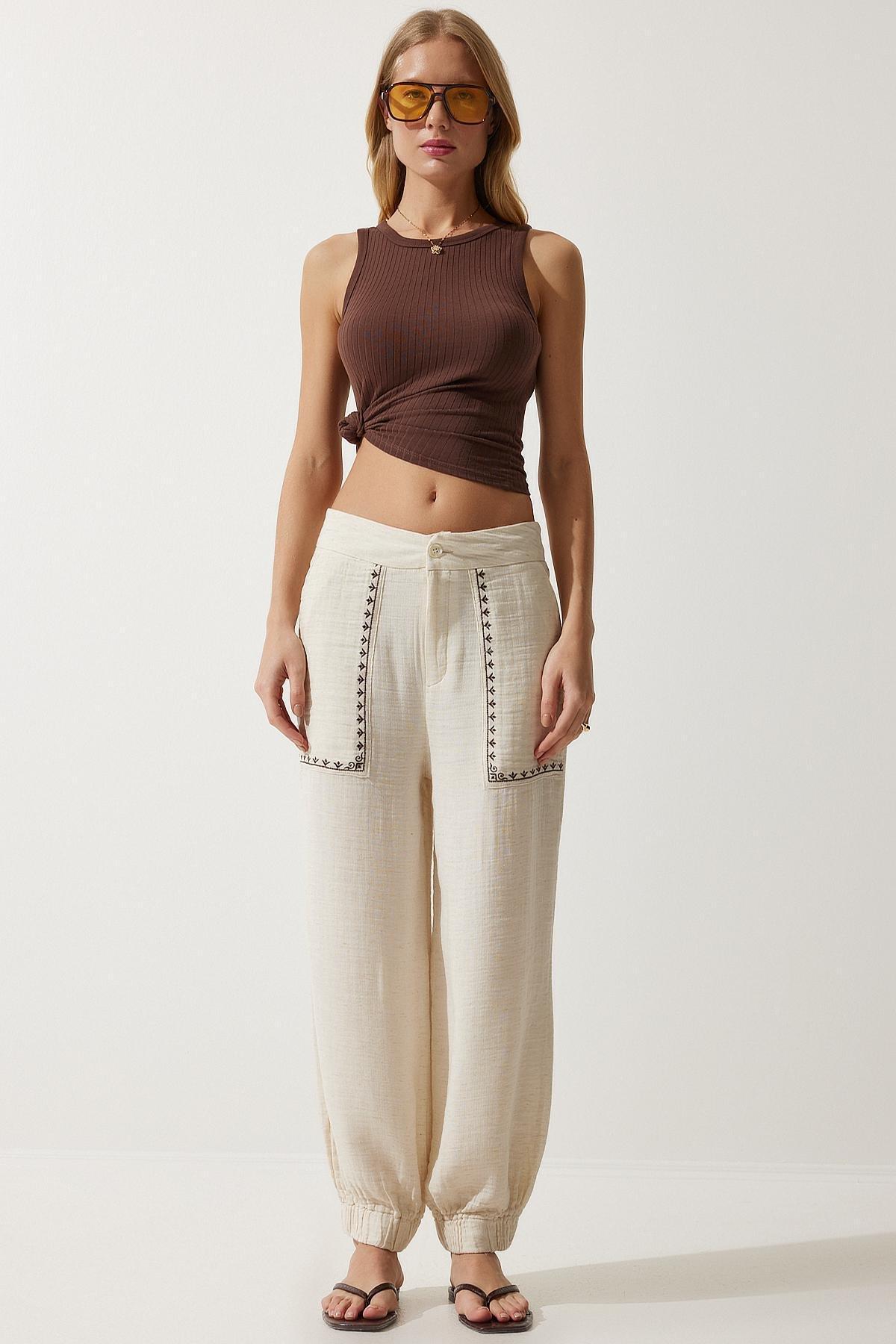Cream Embroidery Detail Muslin Trousers, , large image number 2