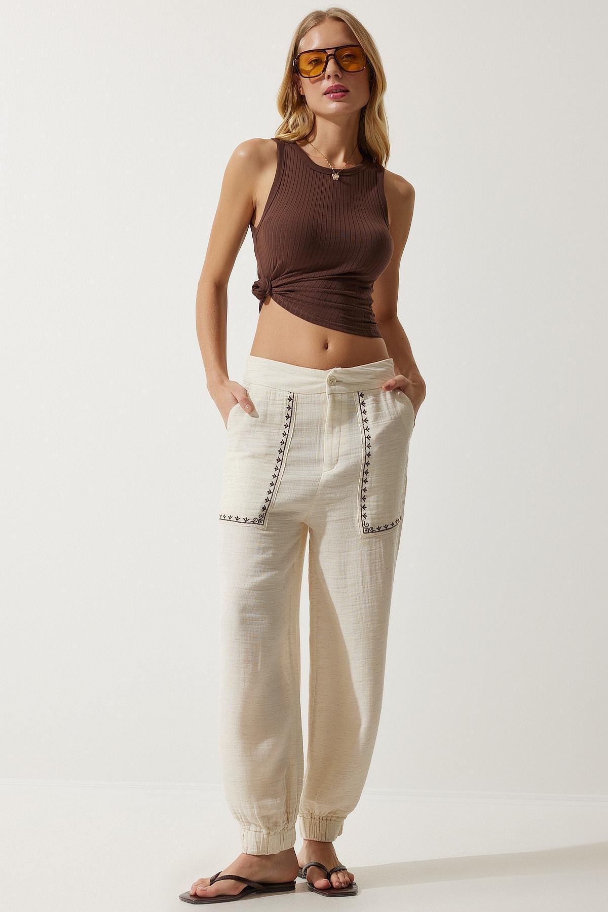 Cream Embroidery Detail Muslin Trousers, , large image number 3