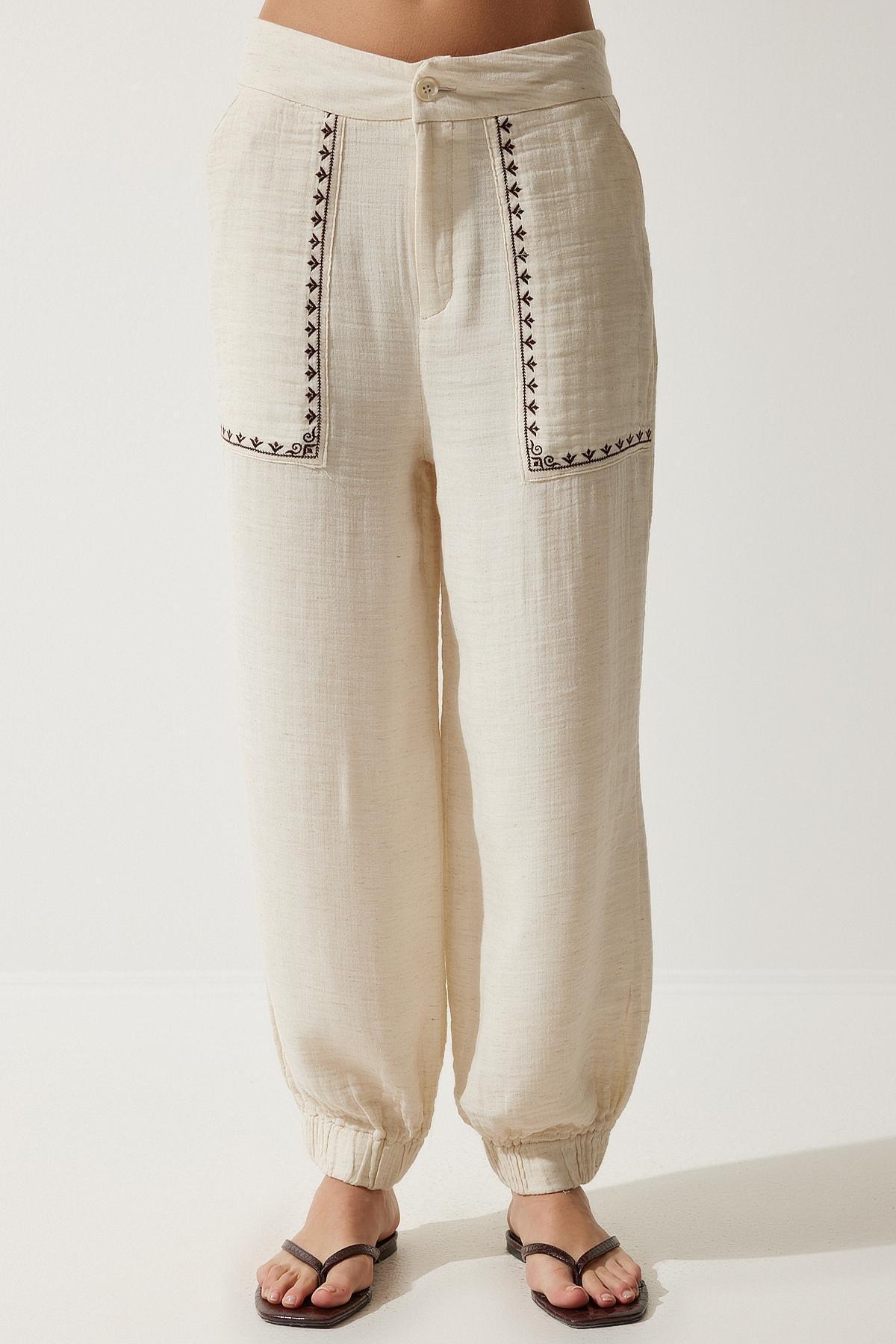 Cream Embroidery Detail Muslin Trousers, , large image number 5