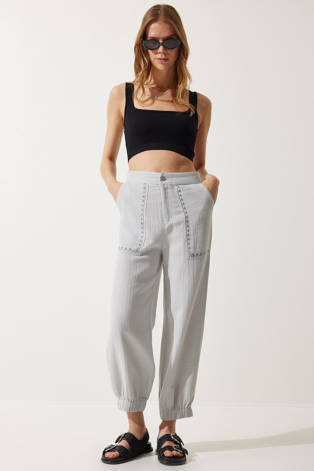 Grey Embroidery Detail Muslin Trousers, , large image number 1