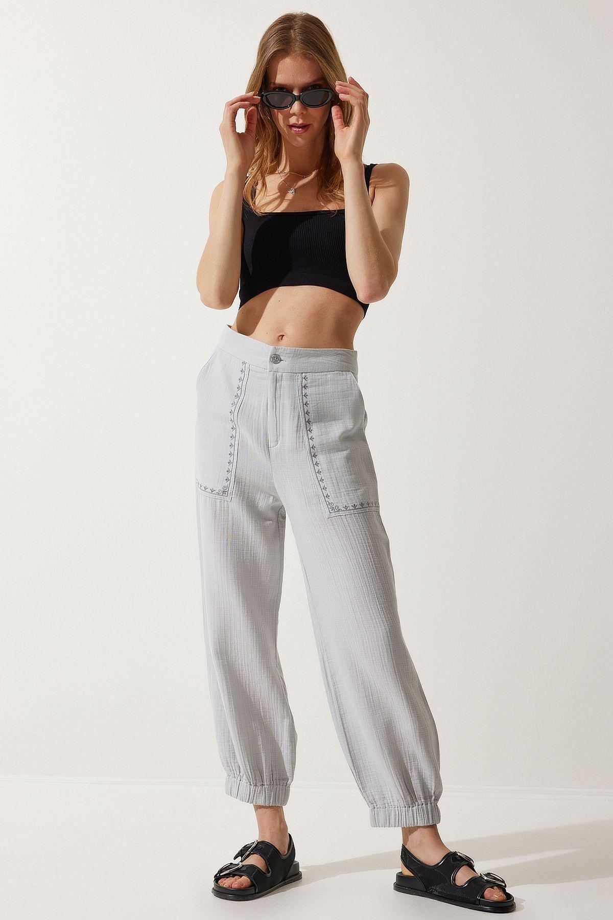 Grey Embroidery Detail Muslin Trousers, , large image number 2