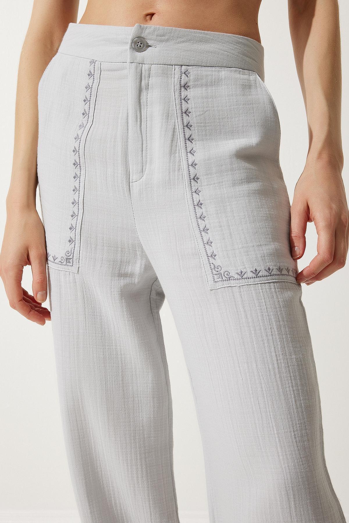 Grey Embroidery Detail Muslin Trousers, , large image number 3
