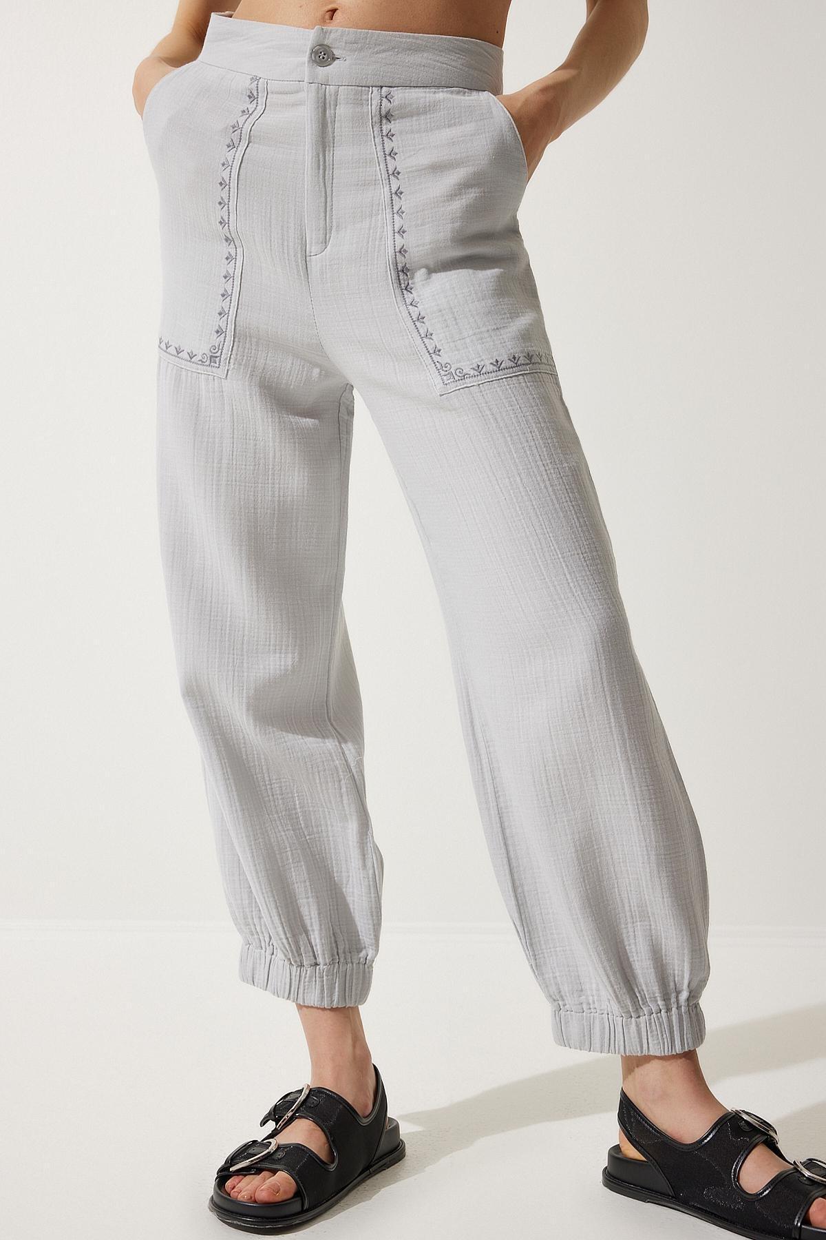 Grey Embroidery Detail Muslin Trousers, , large image number 4