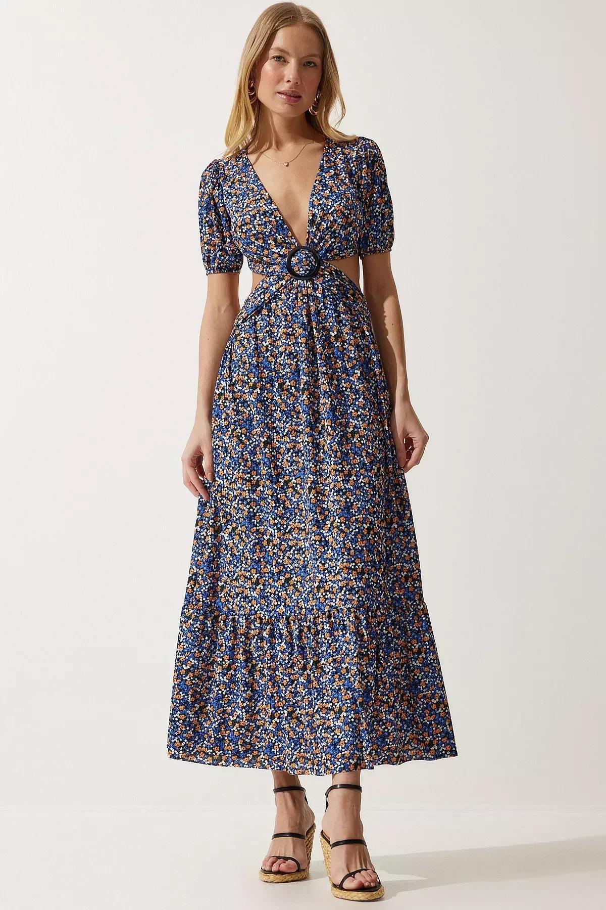 Multicolour Patterned Buckled Dress, Blue Orange, large image number 1
