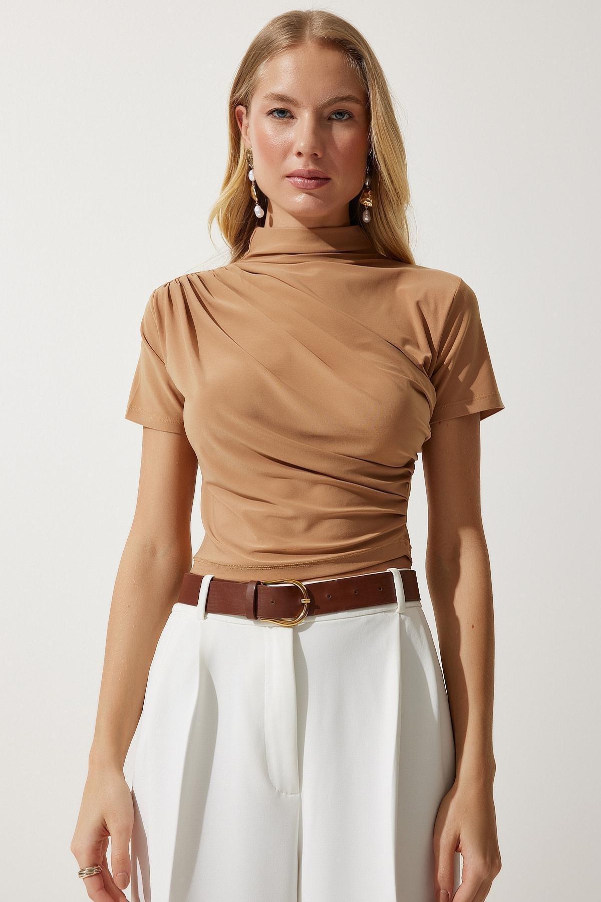 Beige Gathered High Neck Knitted Blouse, , large image number 2