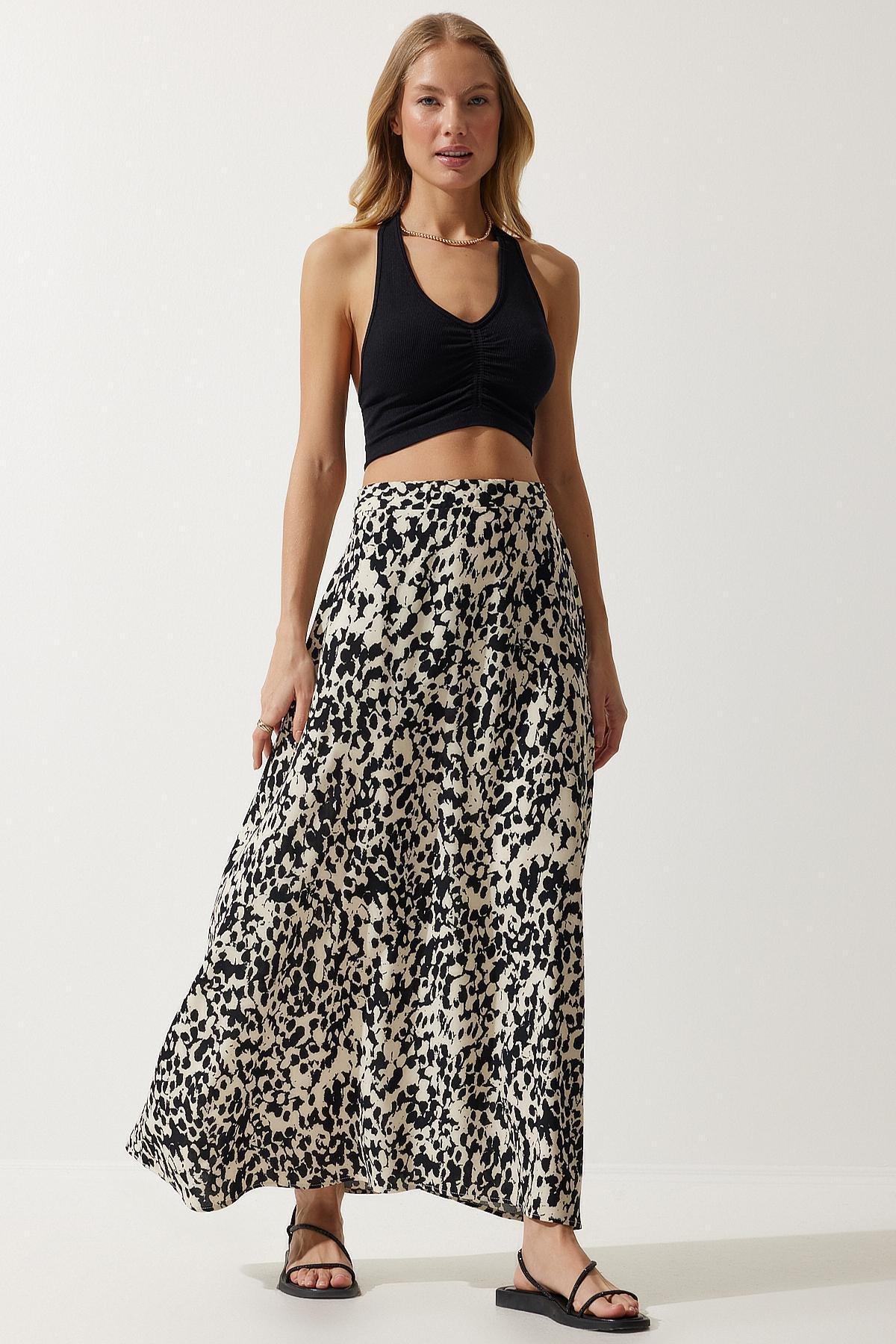 Womens Cream Black Patterned Long Viscose Skirt DD01302, single, , large image number 0