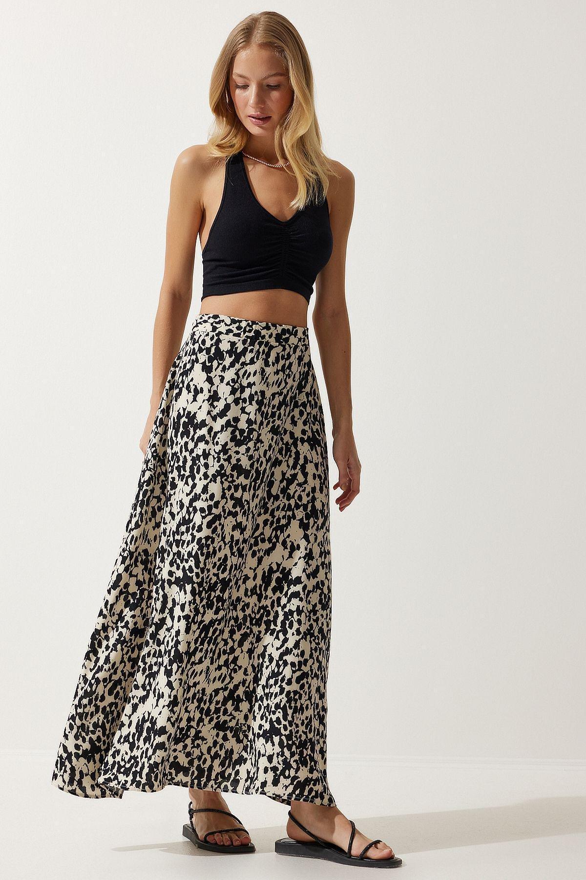 Womens Cream Black Patterned Long Viscose Skirt DD01302, single, , large image number 1