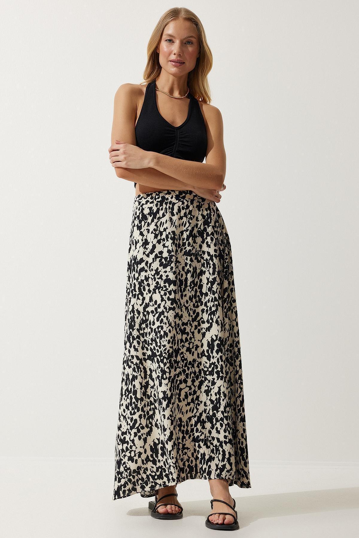 Womens Cream Black Patterned Long Viscose Skirt DD01302, single, , large image number 2