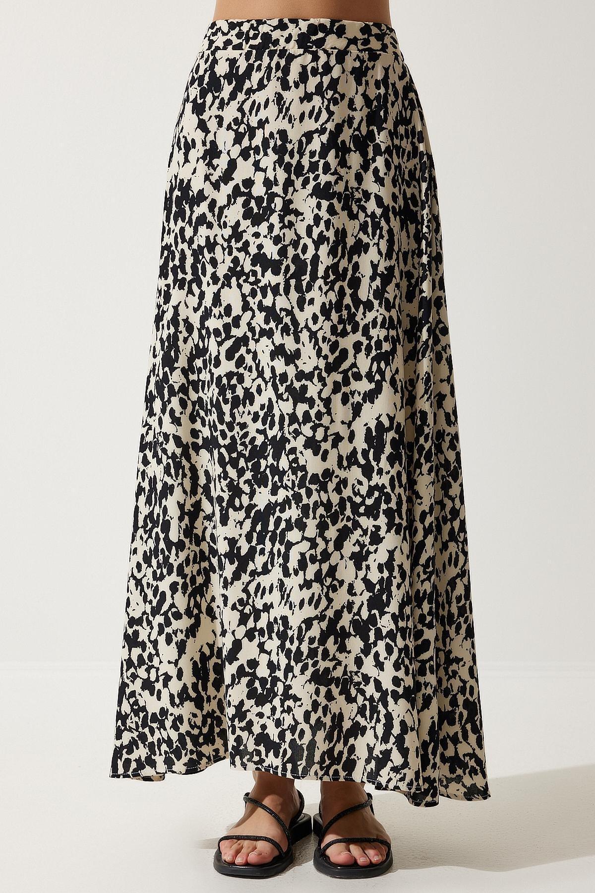 Womens Cream Black Patterned Long Viscose Skirt DD01302, single, , large image number 3
