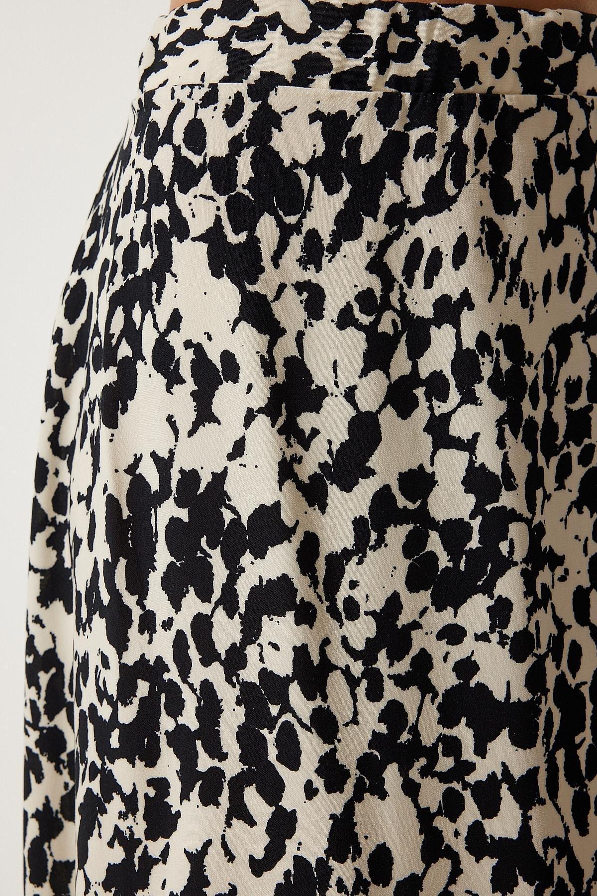 Womens Cream Black Patterned Long Viscose Skirt DD01302, single, , large image number 4