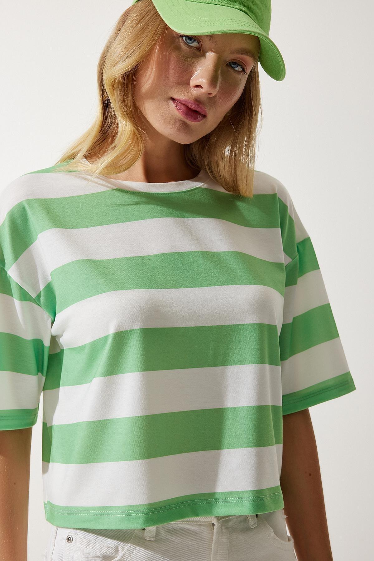 Multicolour Crew Neck Striped Knitted T-Shirt, White Green, large image number 2