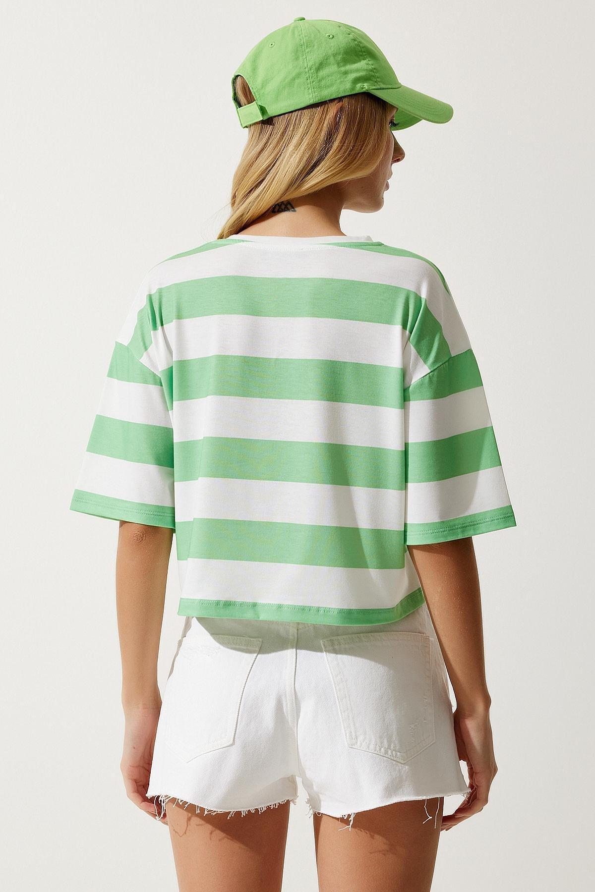 Multicolour Crew Neck Striped Knitted T-Shirt, White Green, large image number 4