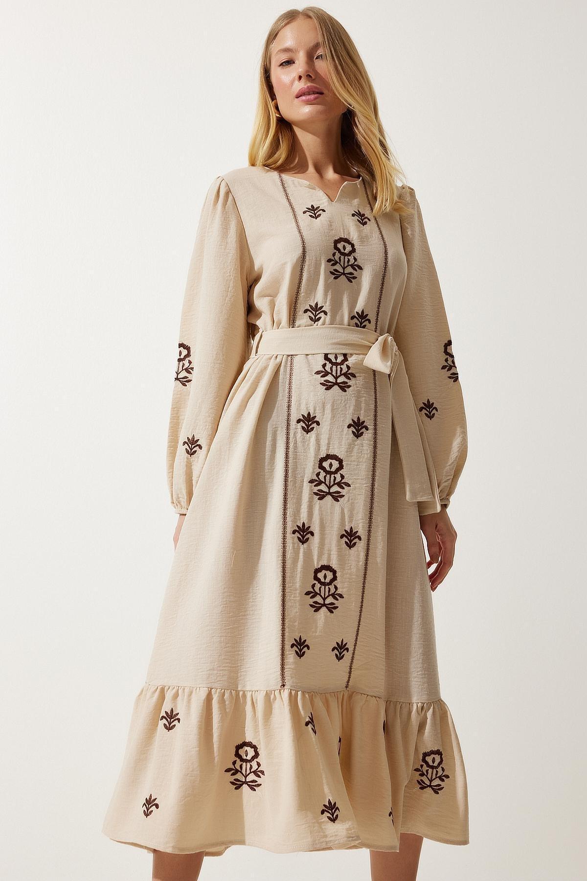 Beige Embroidered Romantic Midi Dress, , medium