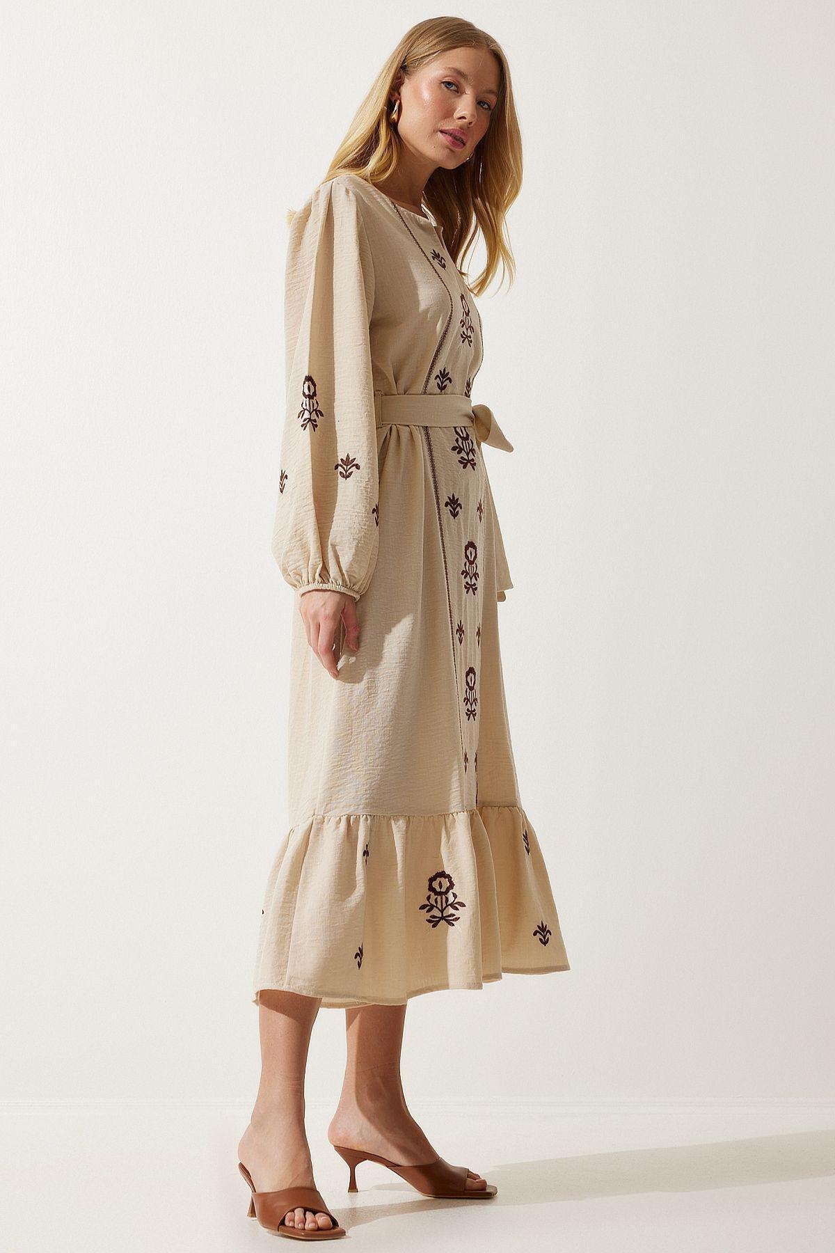 Beige Embroidered Romantic Midi Dress, , large image number 1