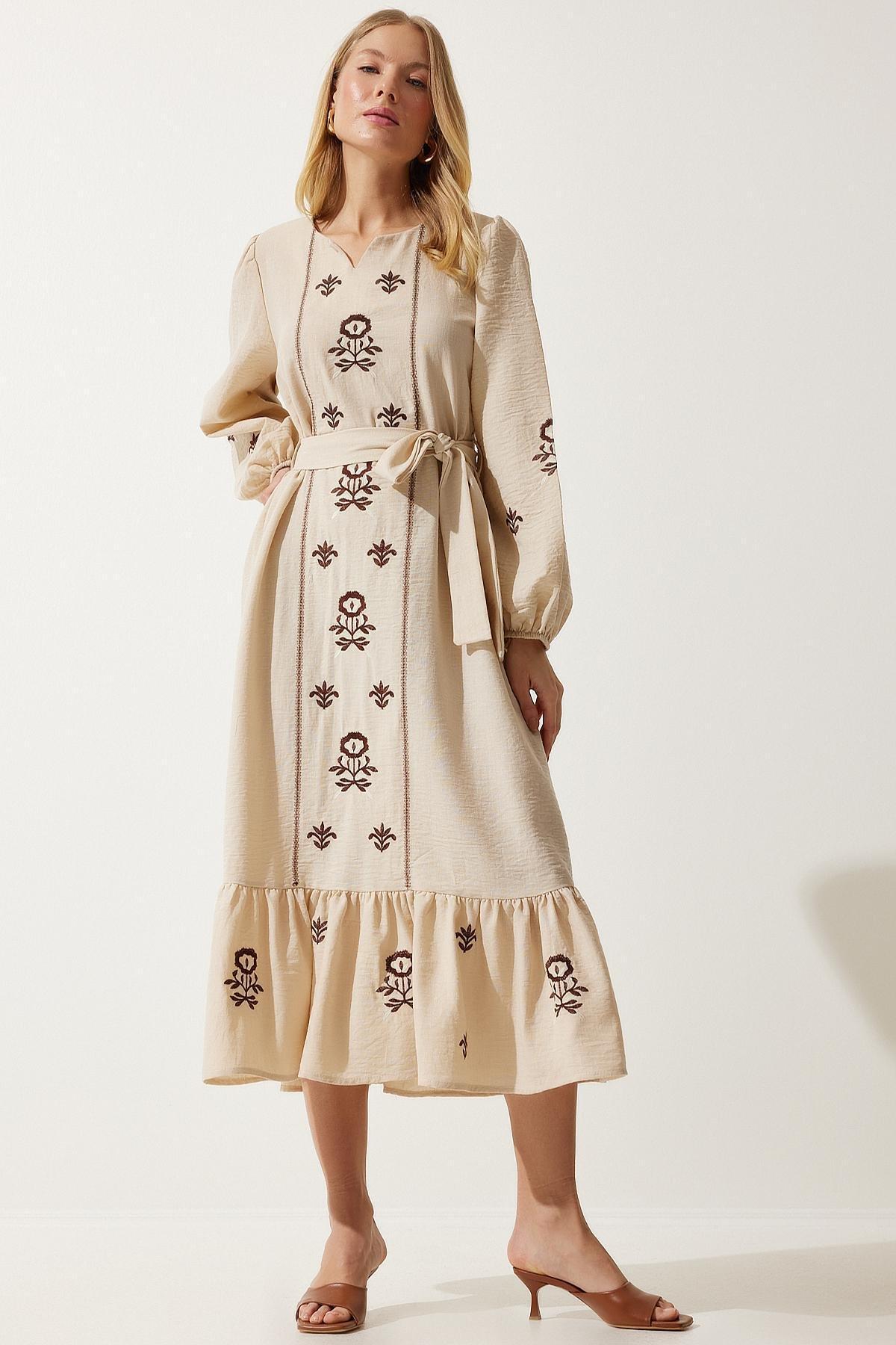 Beige Embroidered Romantic Midi Dress, , large image number 2