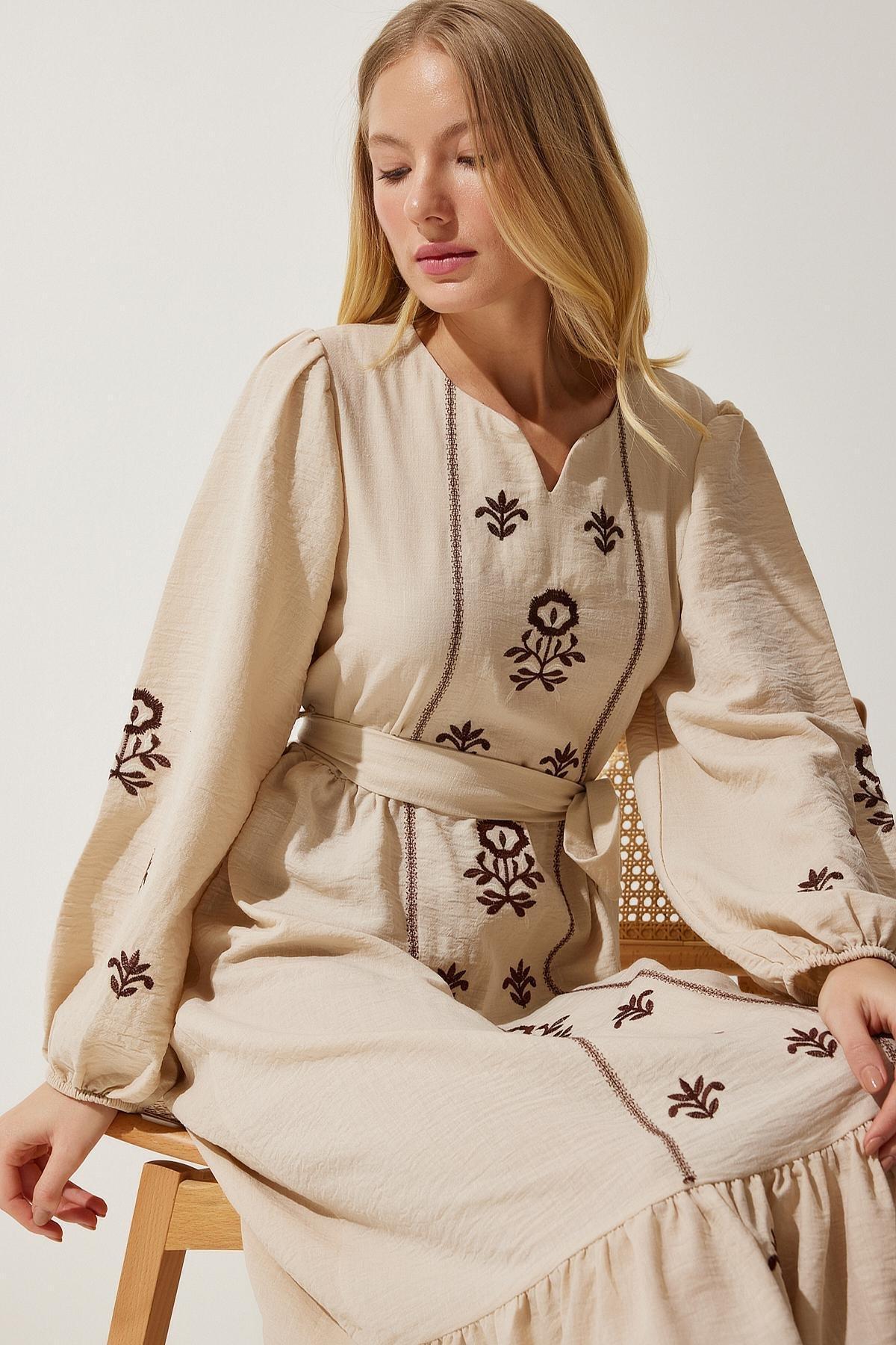 Beige Embroidered Romantic Midi Dress, , large image number 3