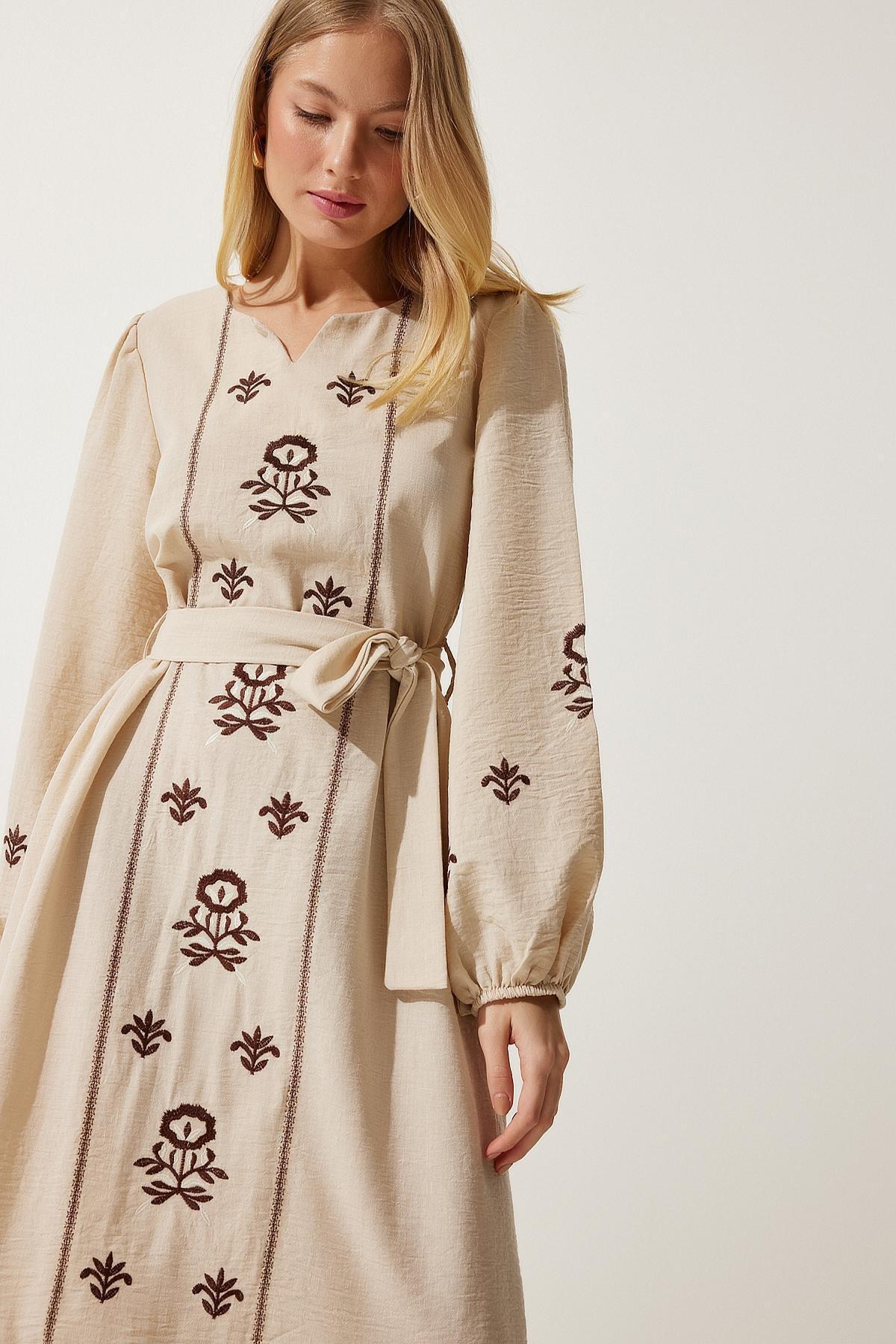 Beige Embroidered Romantic Midi Dress, , large image number 4