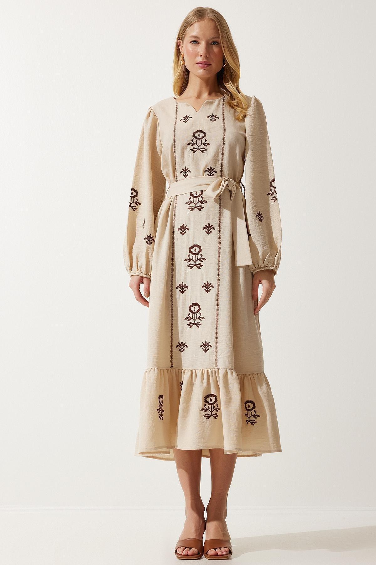 Beige Embroidered Romantic Midi Dress, , large image number 5