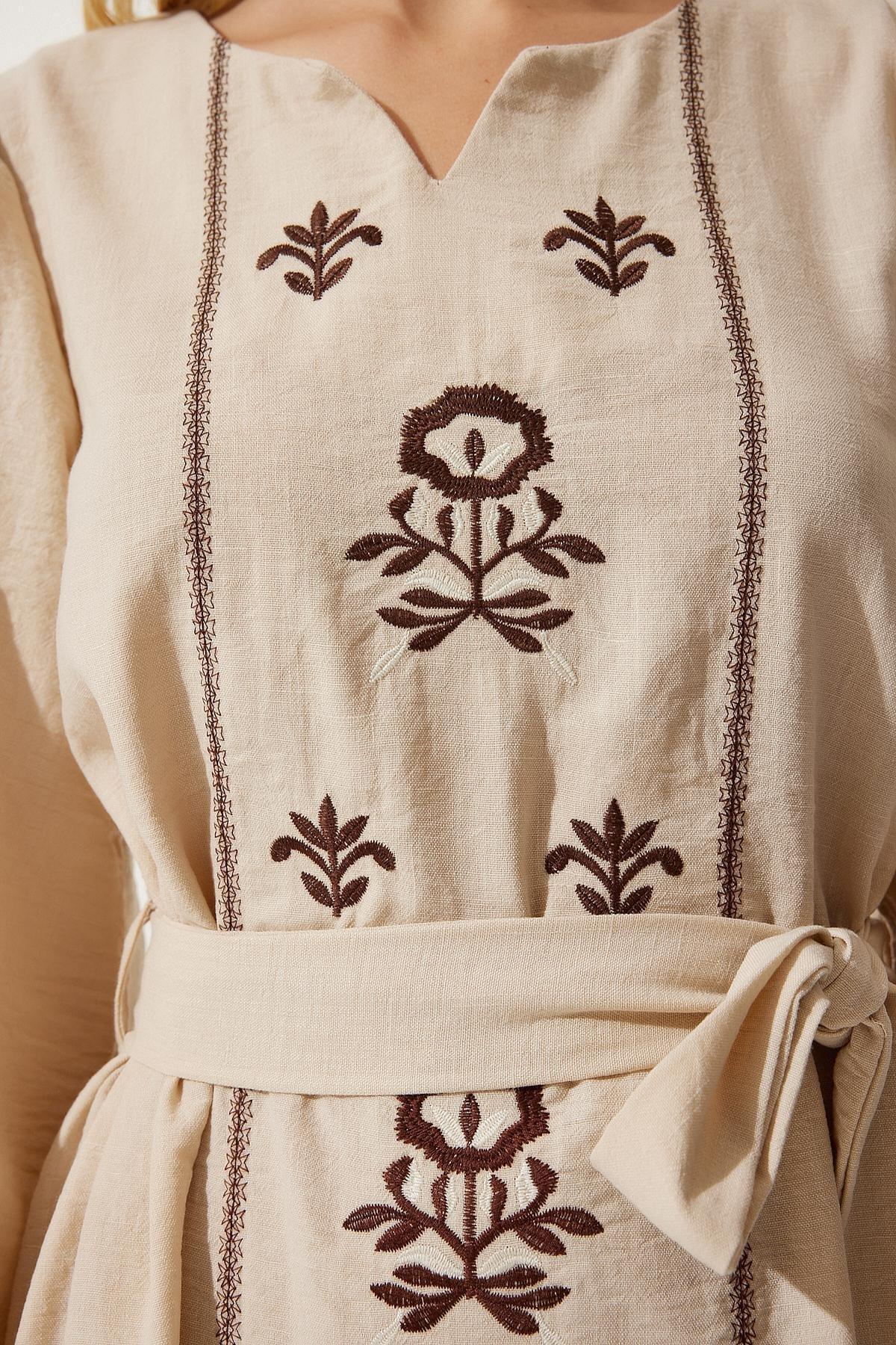 Beige Embroidered Romantic Midi Dress, , large image number 6