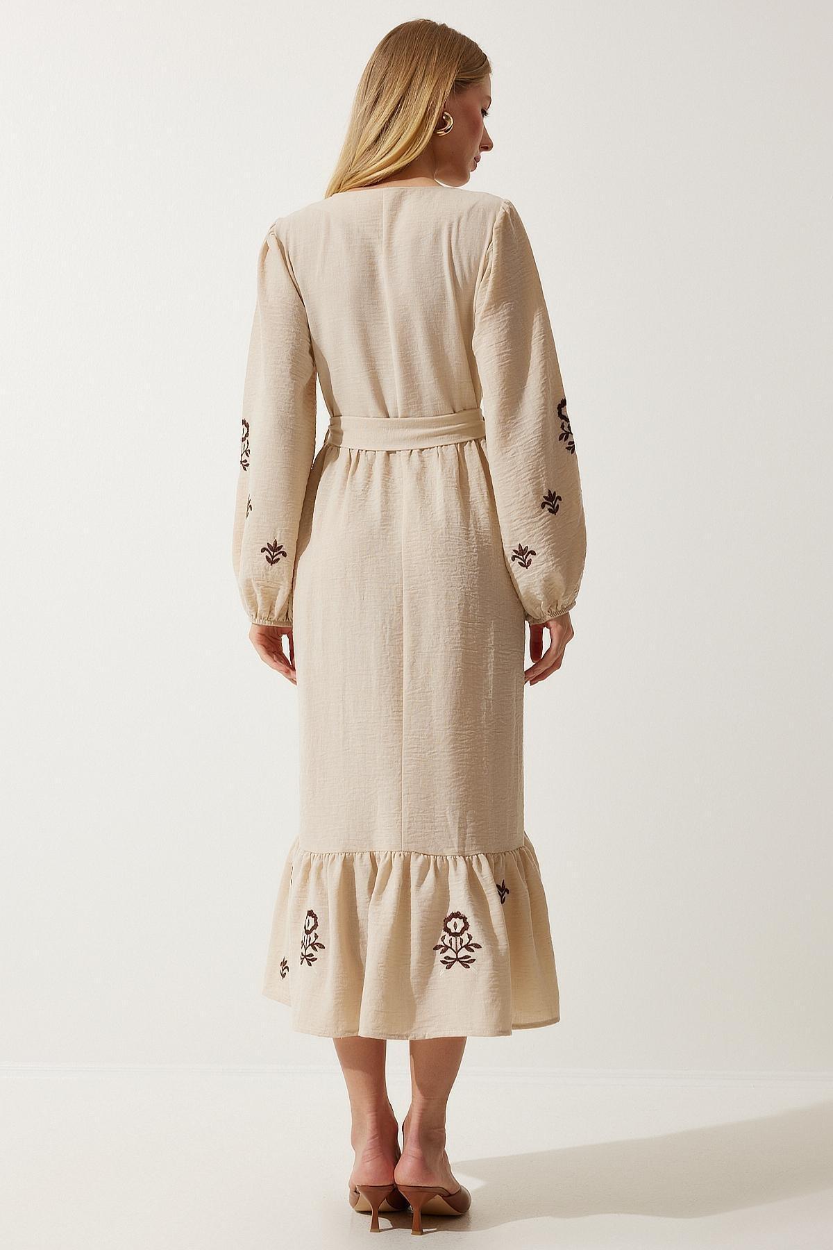 Beige Embroidered Romantic Midi Dress, , large image number 7