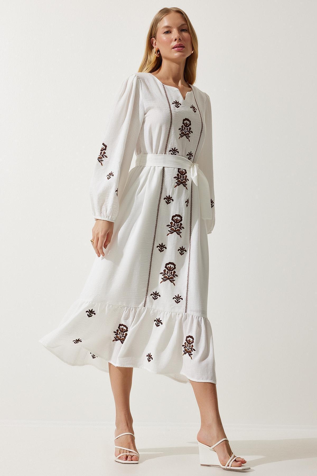 Beige Embroidered Linen Woven Dress, Ecru, large image number 0