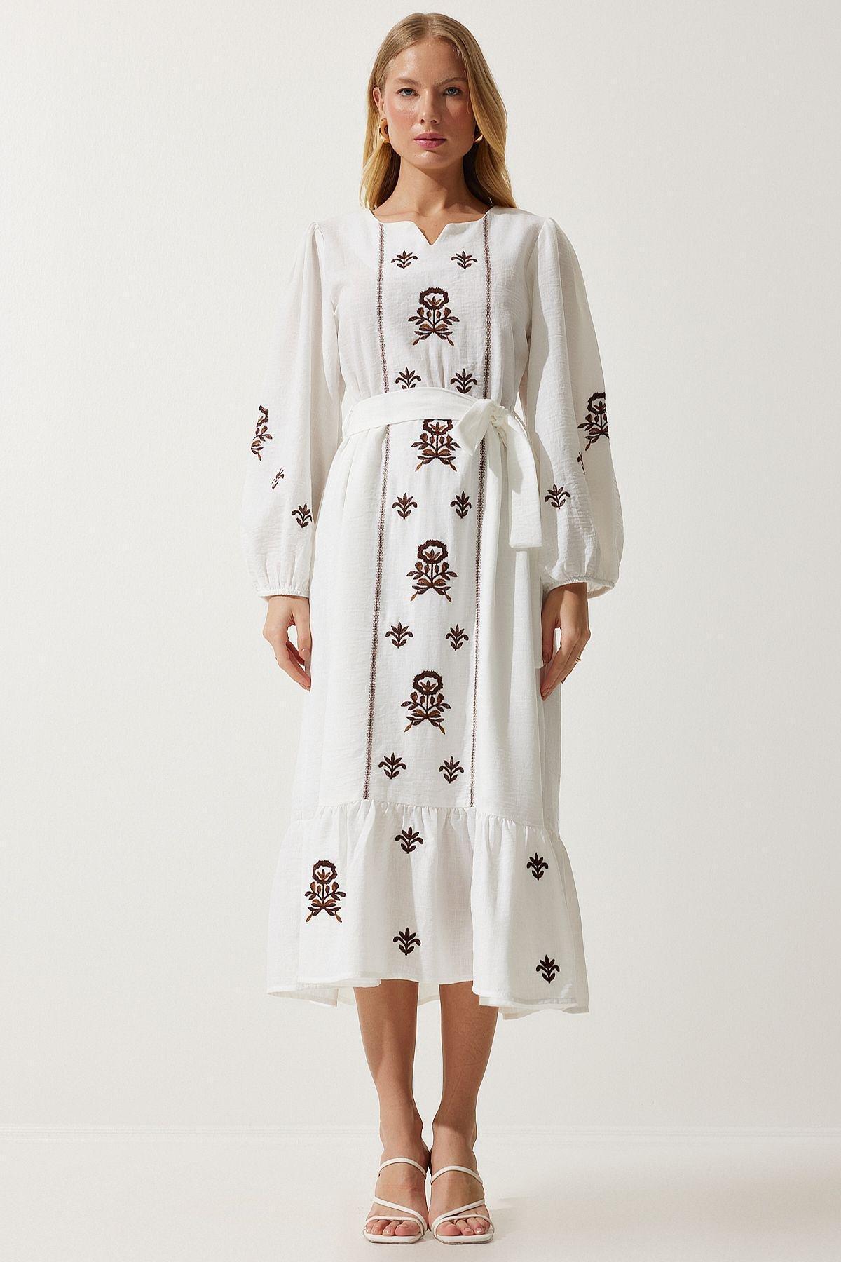 Beige Embroidered Linen Woven Dress, Ecru, large image number 1