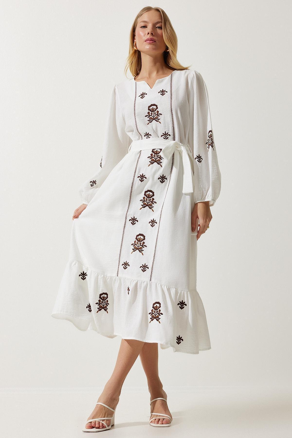 Beige Embroidered Linen Woven Dress, Ecru, large image number 2