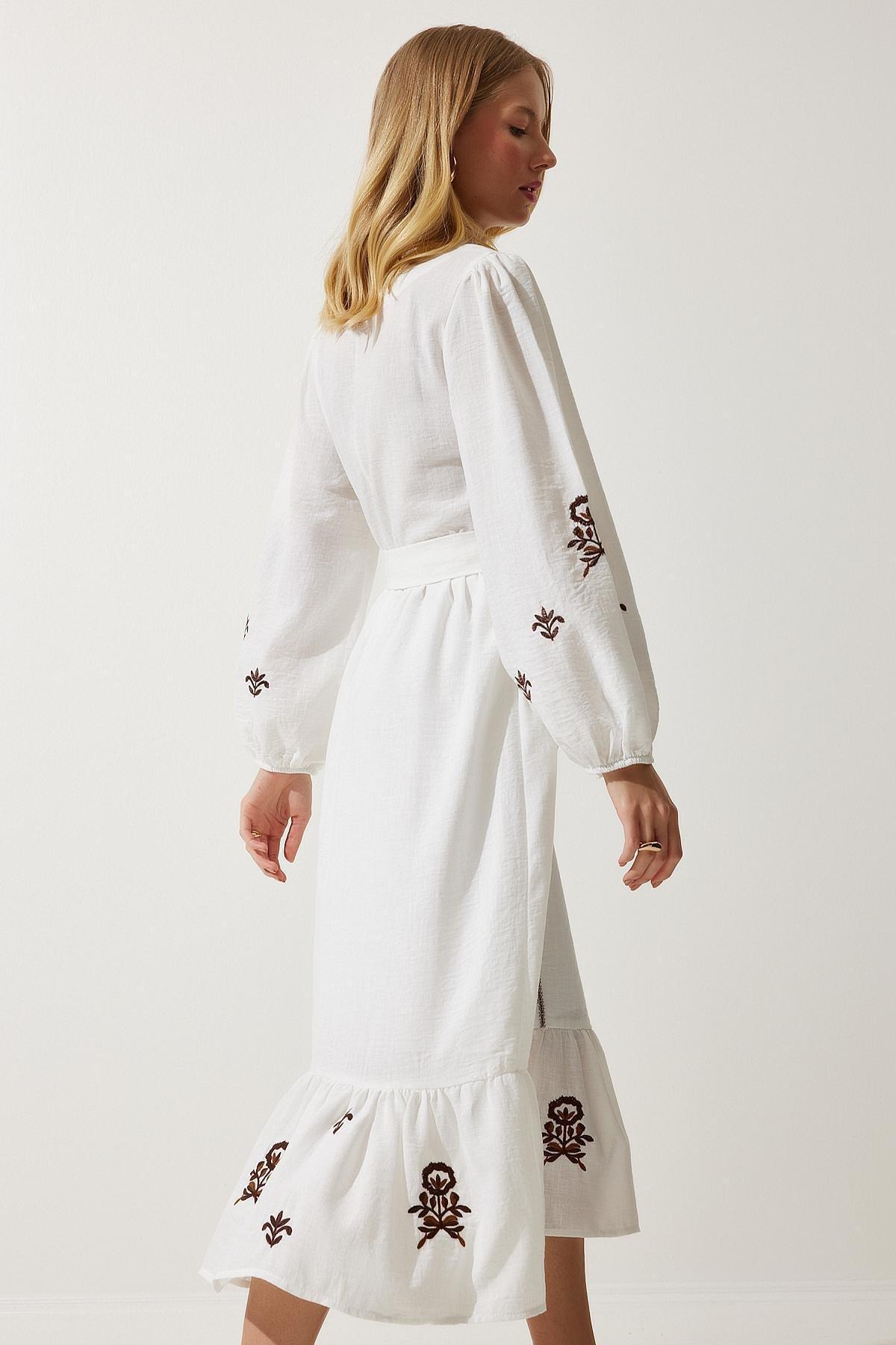 Beige Embroidered Linen Woven Dress, Ecru, large image number 3