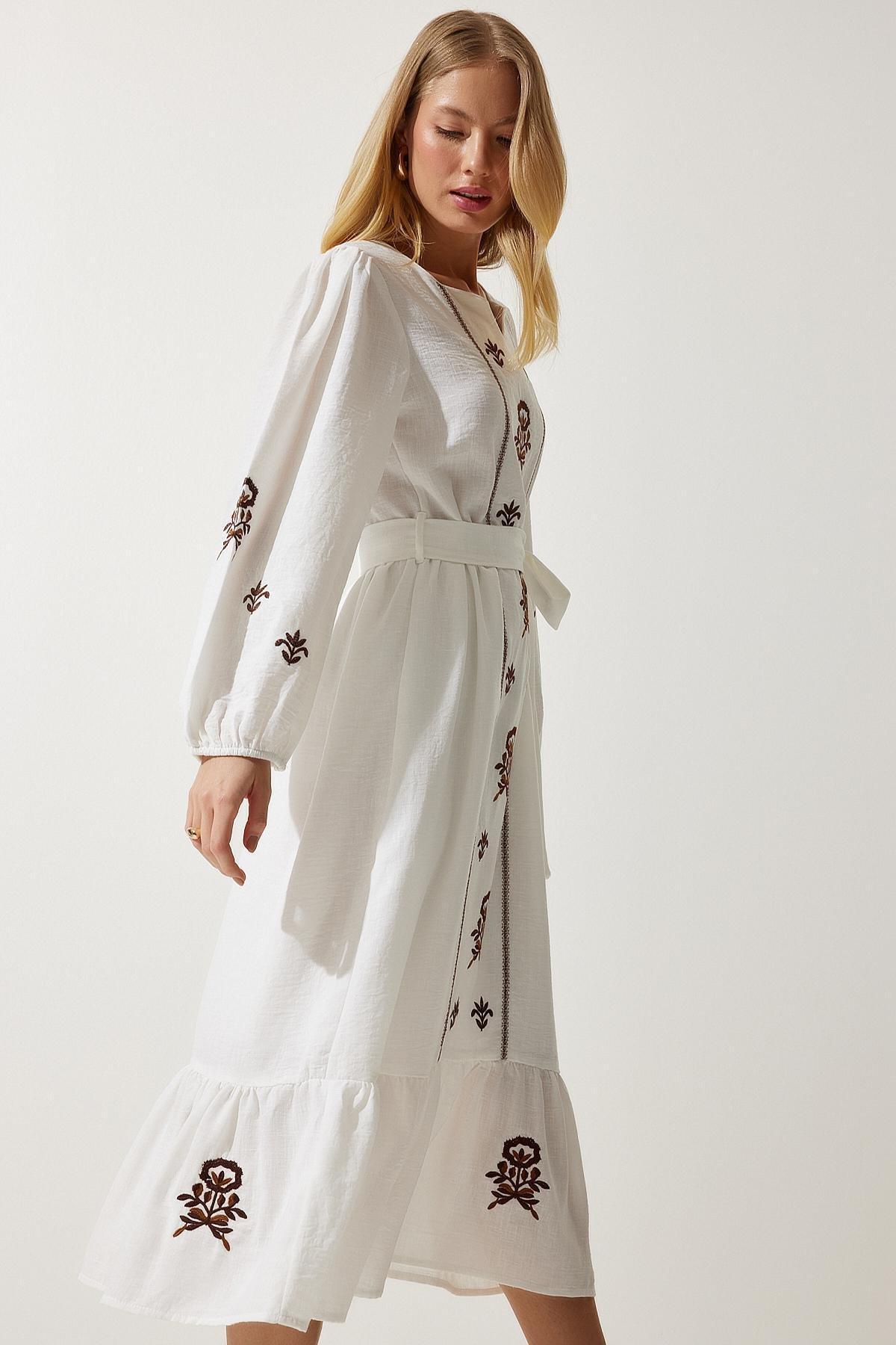 Beige Embroidered Linen Woven Dress, Ecru, large image number 4