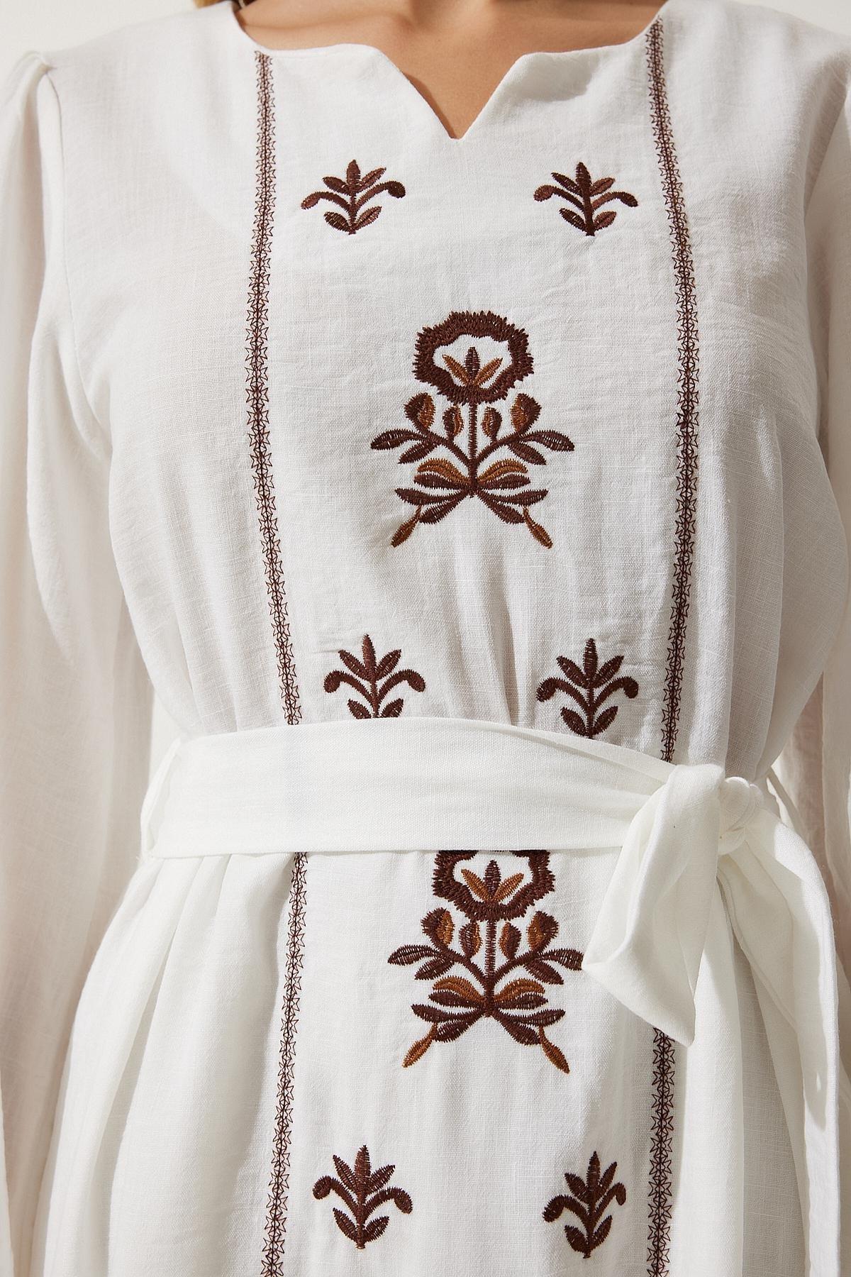 Beige Embroidered Linen Woven Dress, Ecru, large image number 5