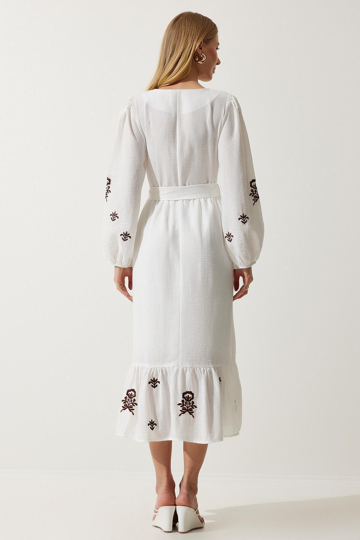 Beige Embroidered Linen Woven Dress, Ecru, large image number 6