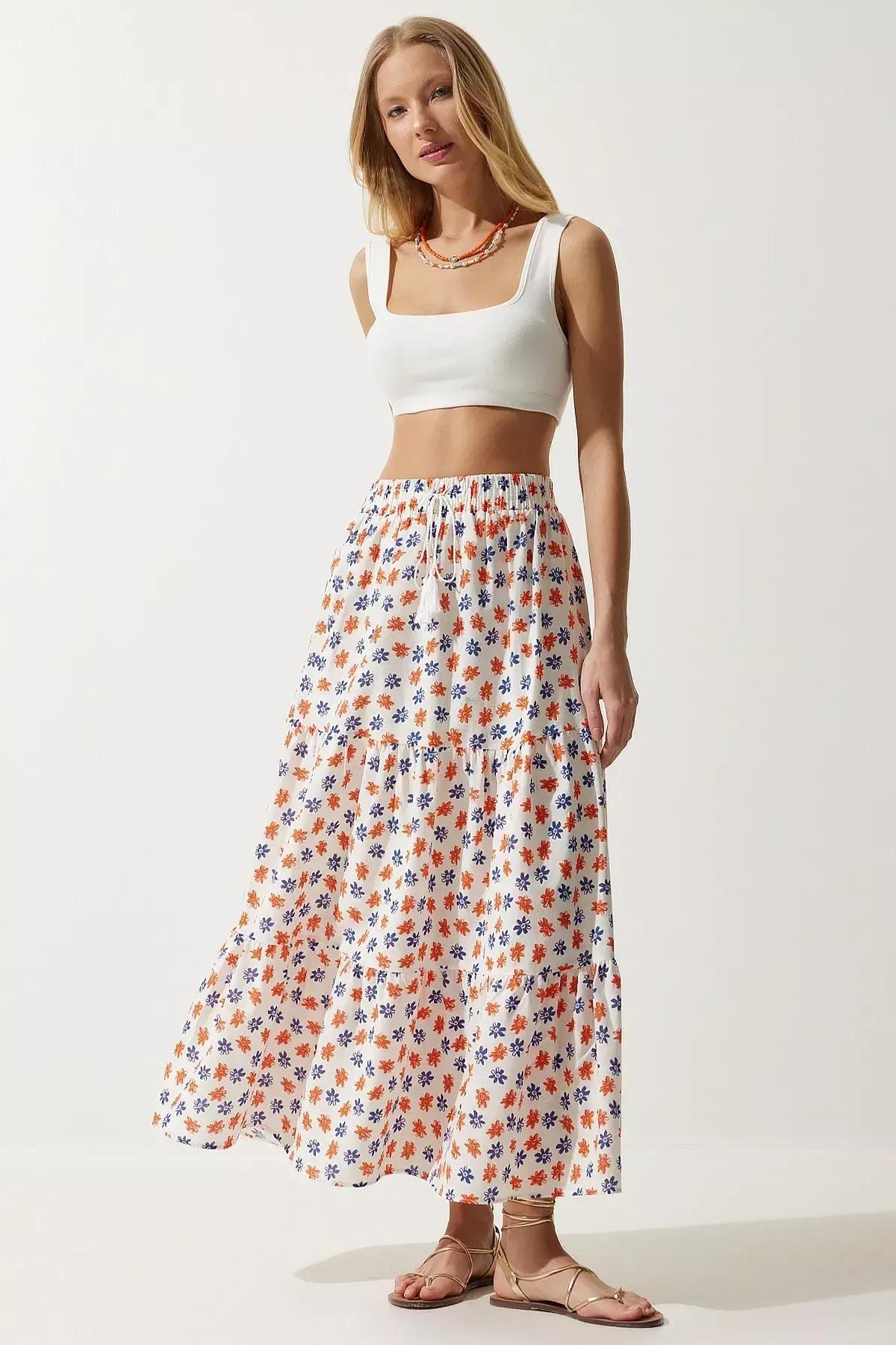 Multicolour Patterned Flounce Skirt, Ecru Orange, large image number 2