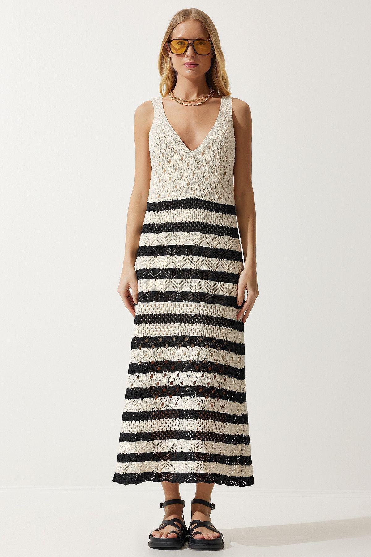 Cream Striped Bohemian Maxi Dress, Cream Black, large image number 1