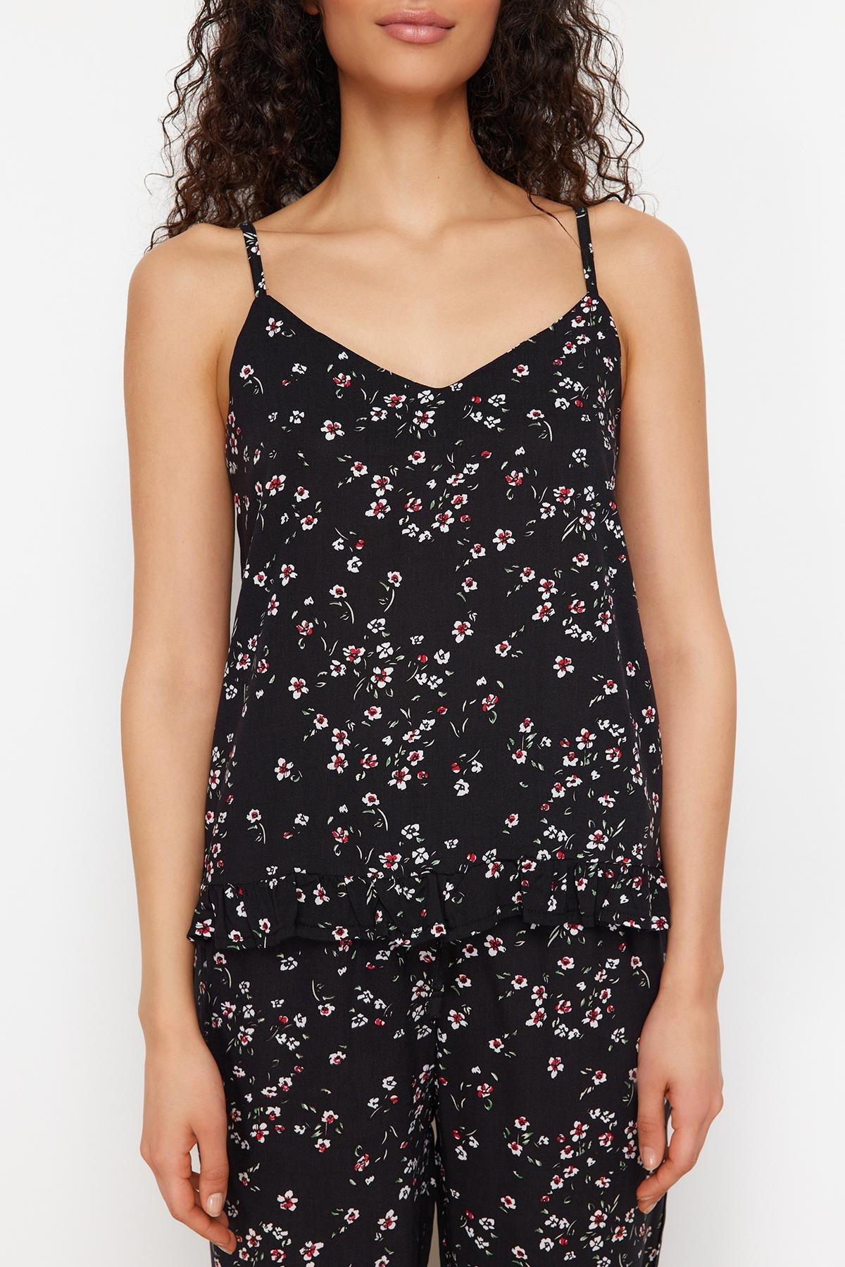 Black Floral String Woven Pyjamas Set, , large image number 1