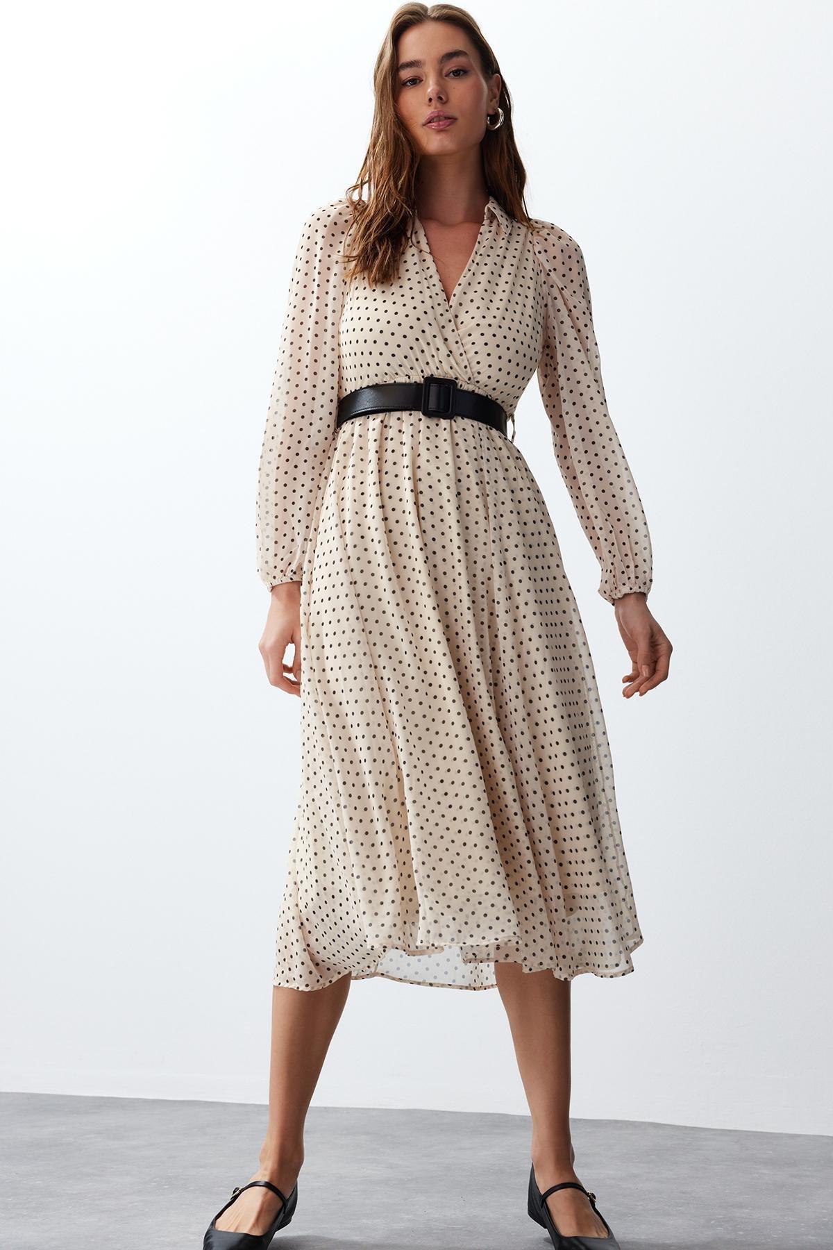 Beige Polka Dot Double-Breasted Dress, Beige, large image number 0