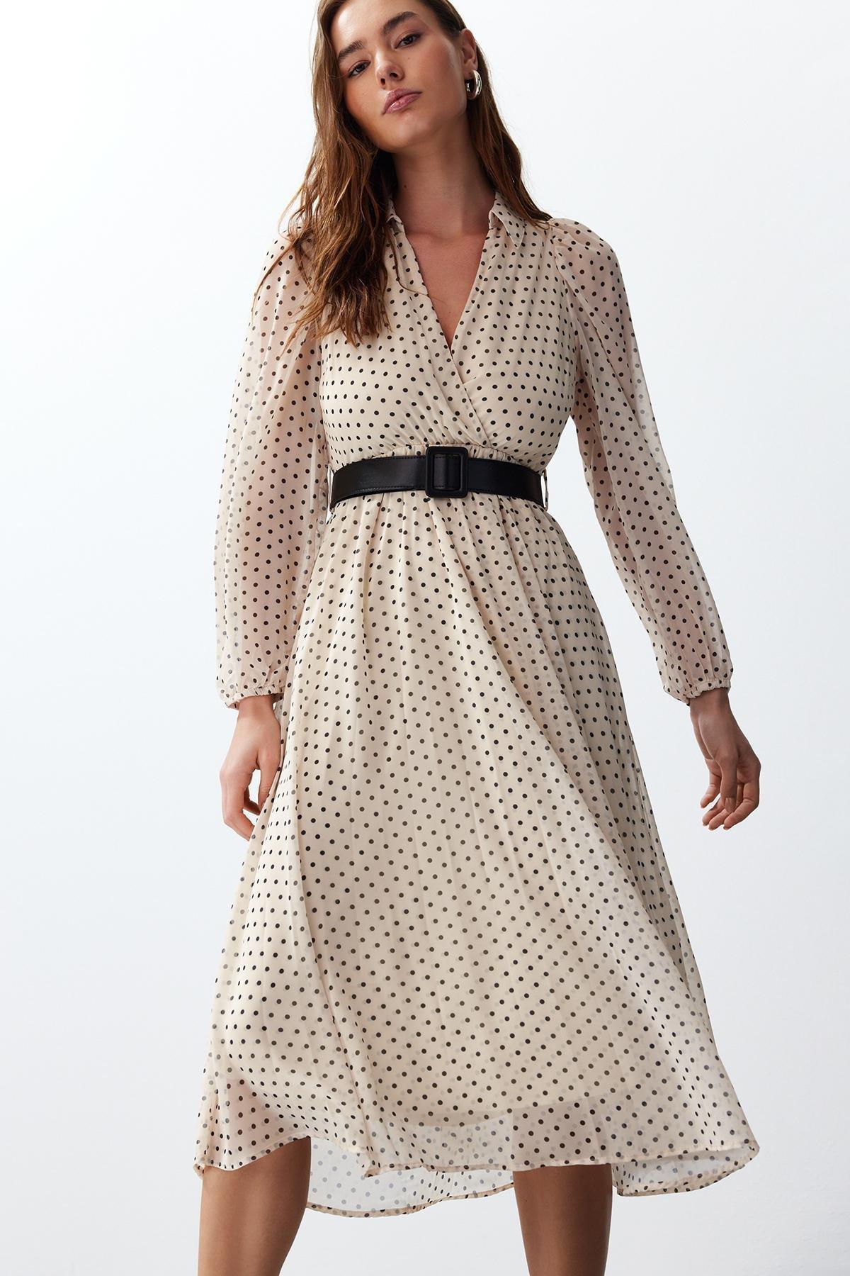 Beige Polka Dot Double-Breasted Dress, Beige, large image number 1