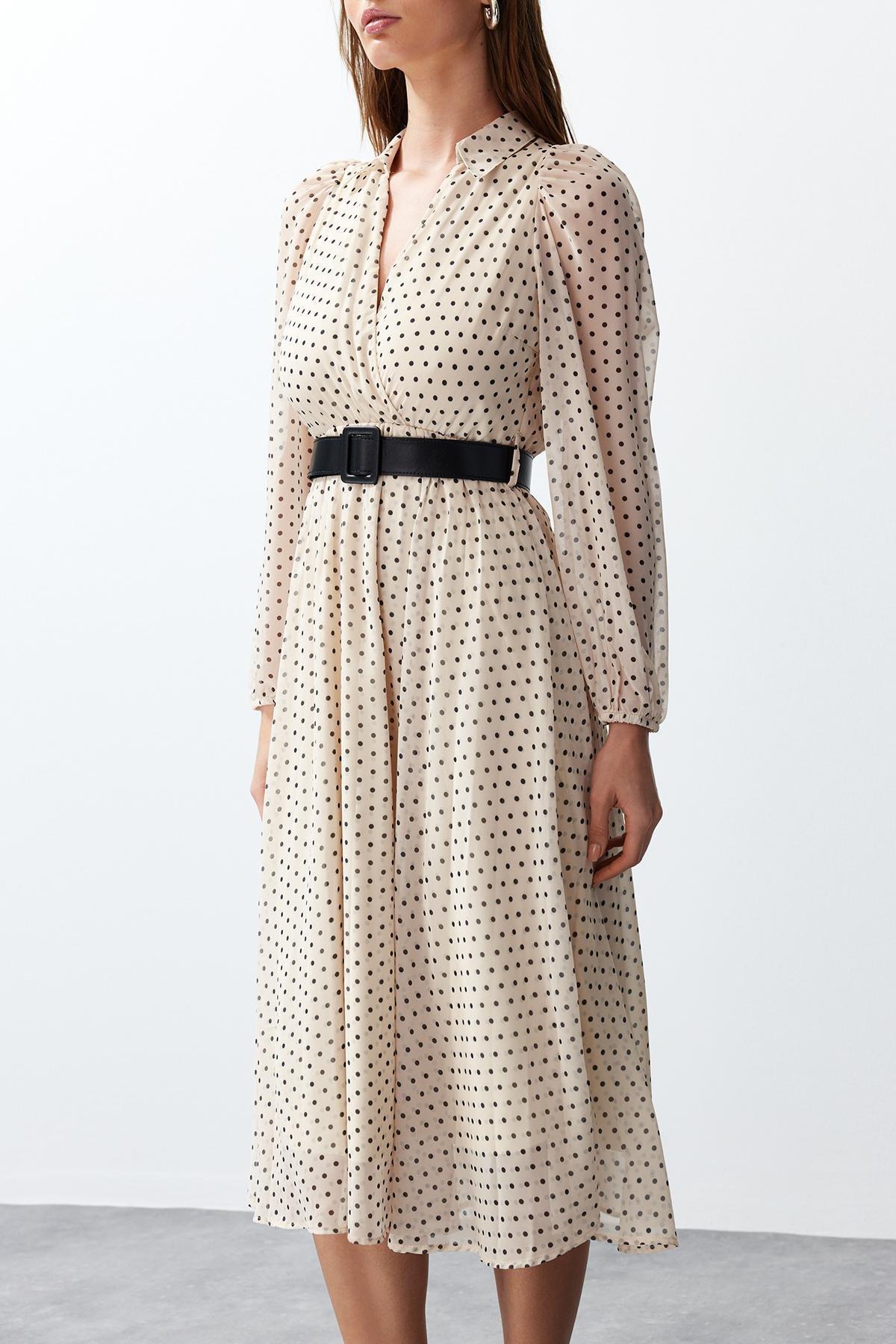 Beige Polka Dot Double-Breasted Dress, Beige, large image number 3