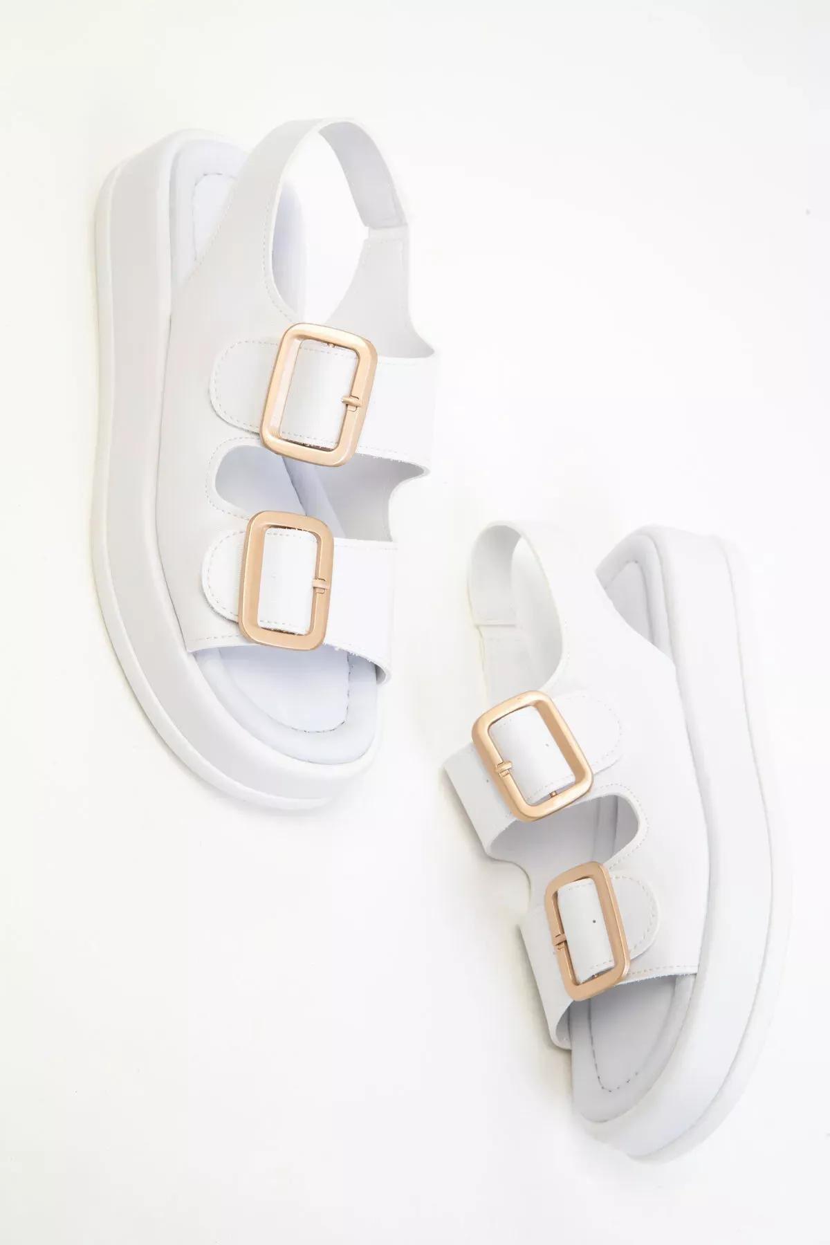White Gold Detailed Sandals, White, large image number 2