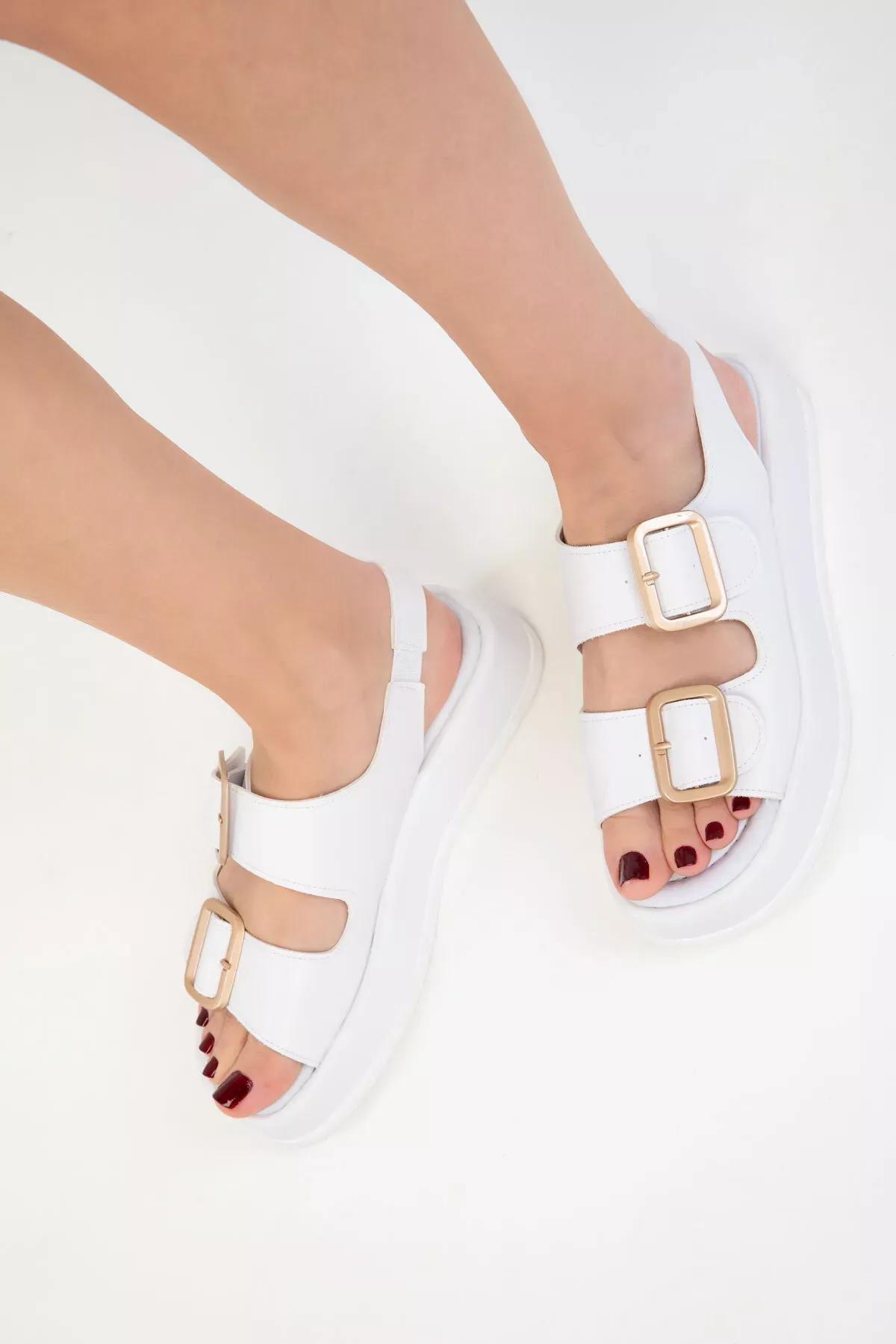 White Gold Detailed Sandals, White, large image number 3