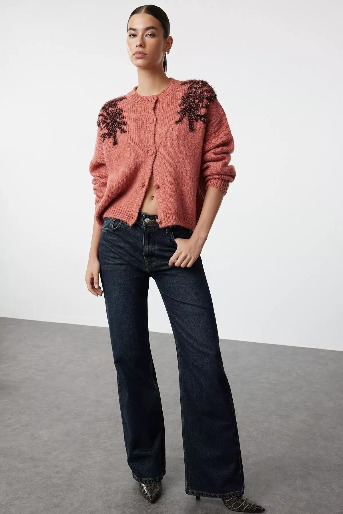 Red Textured Shiny Glitter Embroidered Knitwear Cardigan, Tile, medium