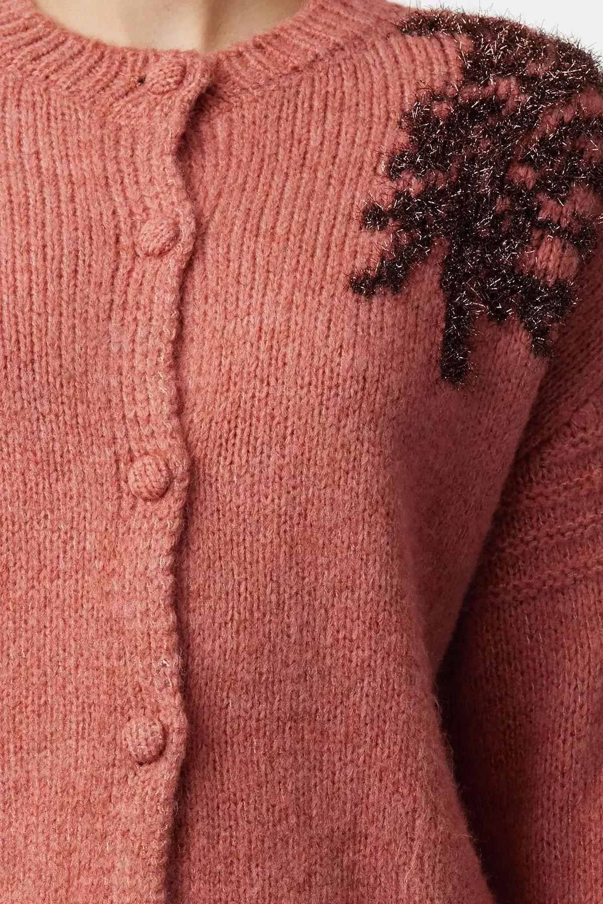 Red Textured Shiny Glitter Embroidered Knitwear Cardigan, Tile, large image number 2