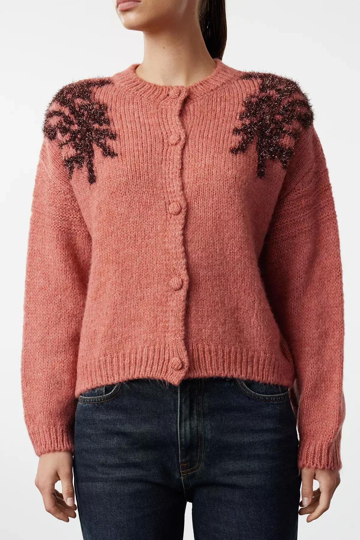 Red Textured Shiny Glitter Embroidered Knitwear Cardigan, Tile, large image number 3