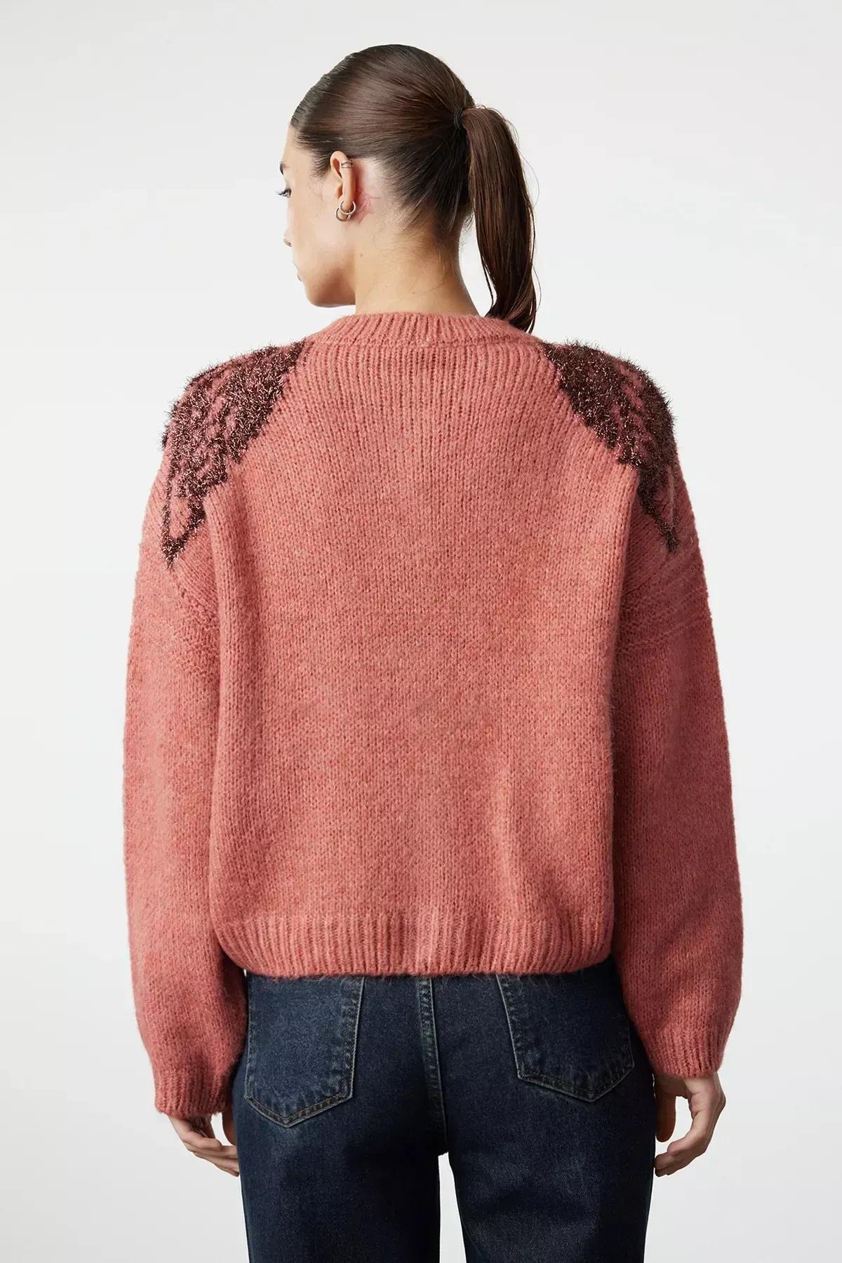 Red Textured Shiny Glitter Embroidered Knitwear Cardigan, Tile, large image number 4