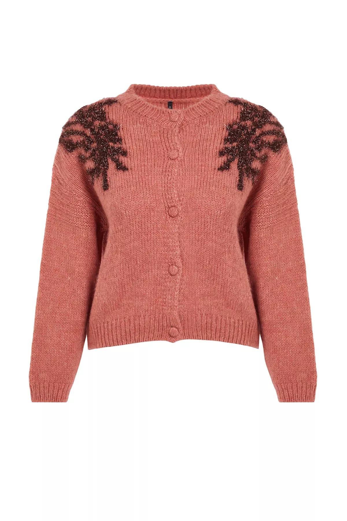 Red Textured Shiny Glitter Embroidered Knitwear Cardigan, Tile, large image number 5